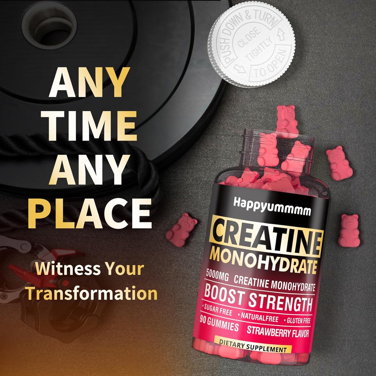 5000mg Creatine Monohydrate Gummies for Men & Women - Muscle Strength, Energy Boost, Pre-Workout Supplement - 90 Chewables - Strawberry Flavor.