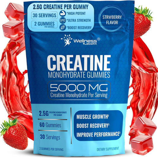 5000mg Creatine Monohydrate Gummies for Muscle Growth & Recovery - Vegan Strawberry Flavor, Non-GMO & Gluten Free - 30 Servings