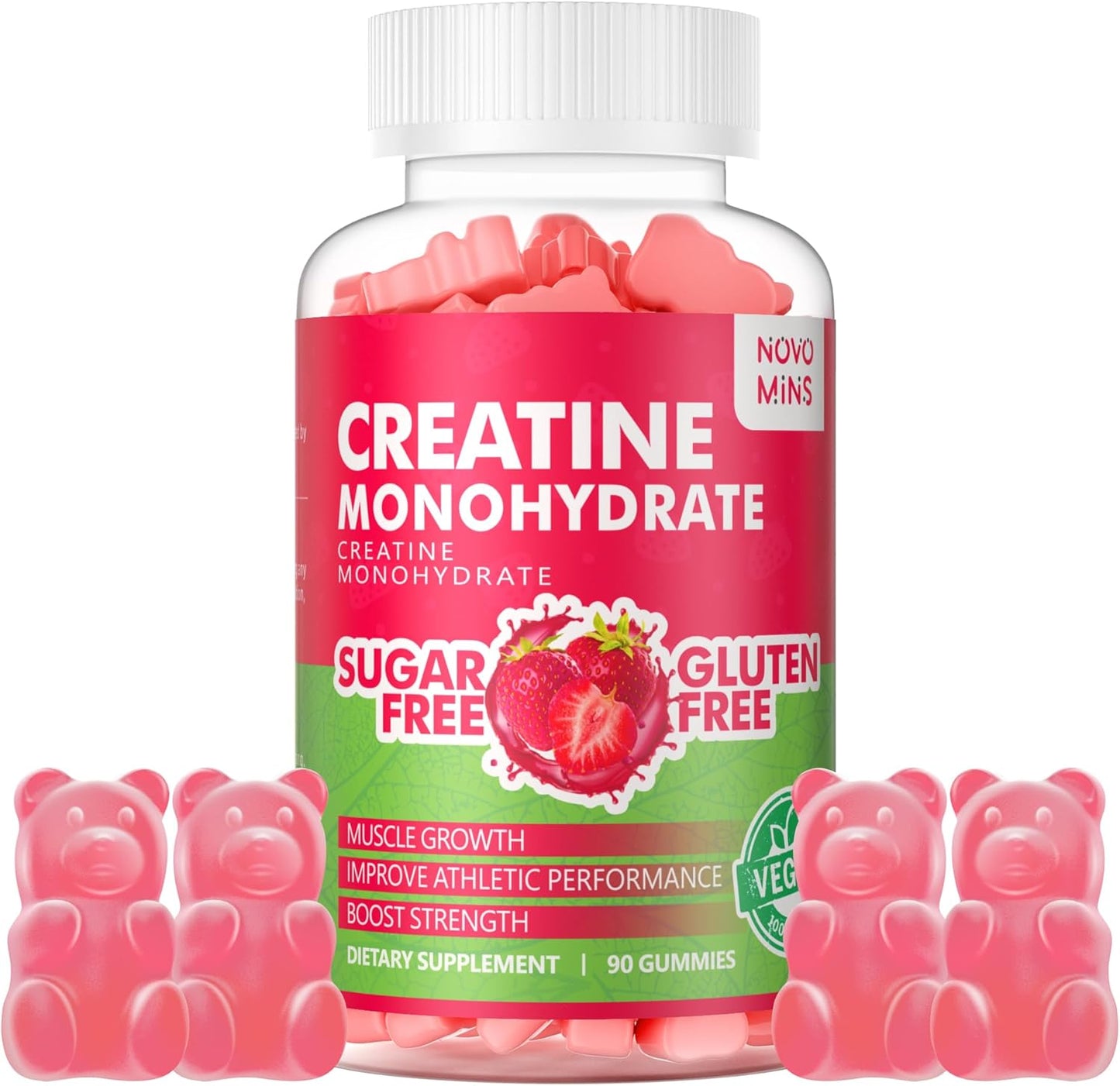 5000mg Creatine Monohydrate Gummies for Muscle Strength & Energy Boost - 90 Count Strawberry Chewables for Men & Women