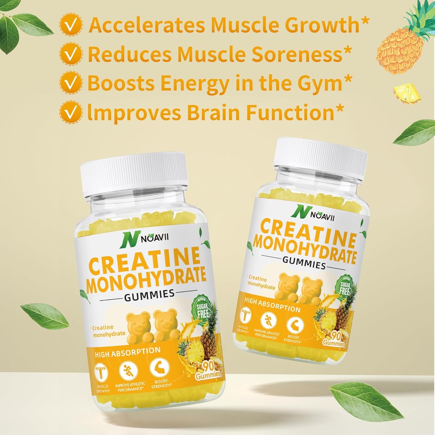 5000mg Creatine Monohydrate Gummies for Muscle Strength & Energy Boost - Pineapple Flavor - 90 Count - Pre-Workout Supplement for Men & Women