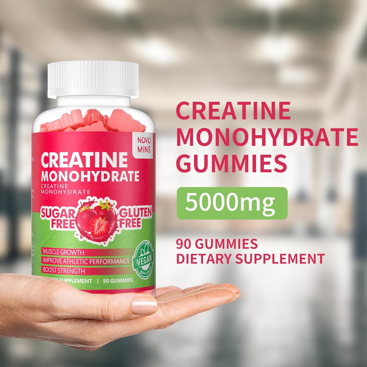 5000mg Creatine Monohydrate Gummies for Muscle Strength & Energy Boost - 90 Count Strawberry Chewables for Men & Women