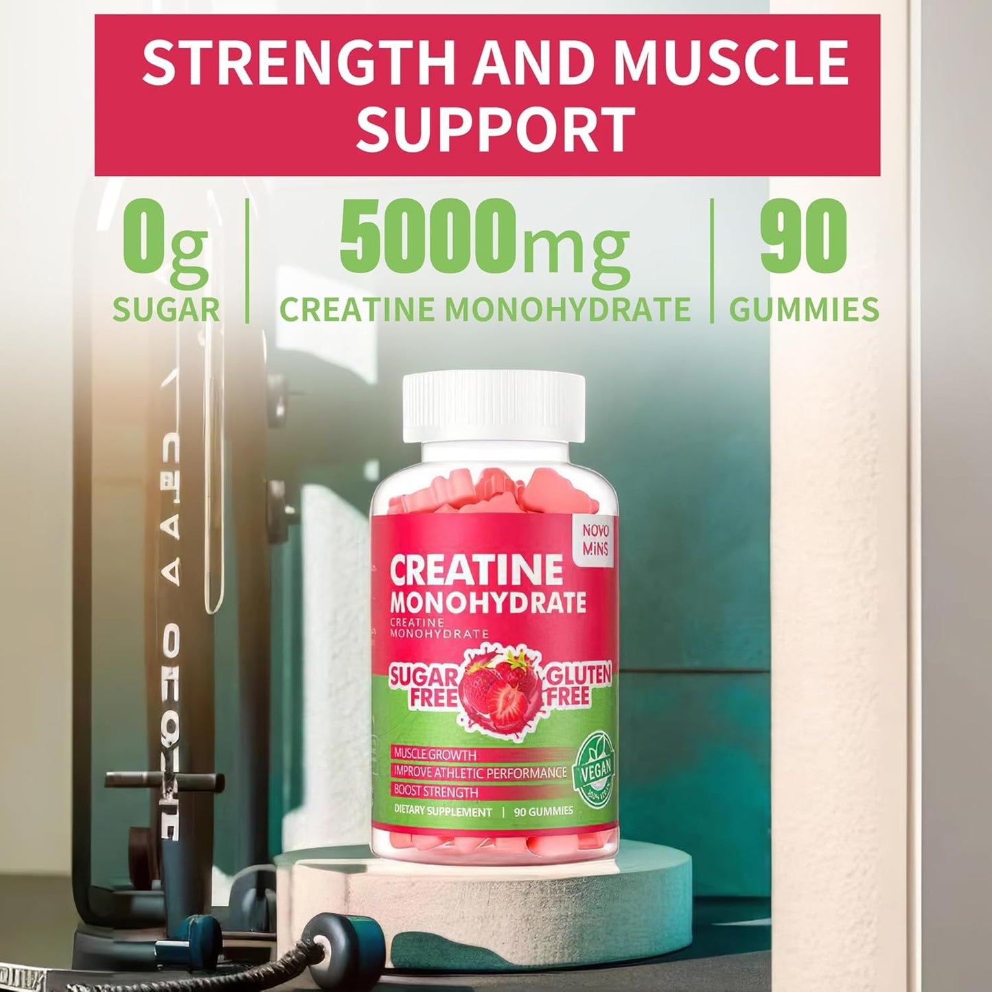 5000mg Creatine Monohydrate Gummies for Muscle Strength & Energy Boost - 90 Count Strawberry Chewables for Men & Women