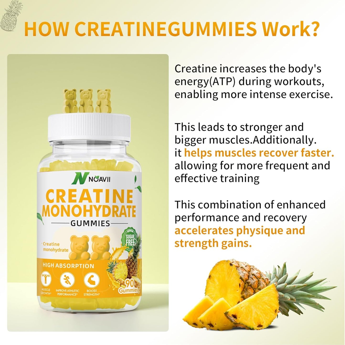 5000mg Creatine Monohydrate Gummies for Muscle Strength & Energy Boost - Pineapple Flavor - 90 Count - Pre-Workout Supplement for Men & Women