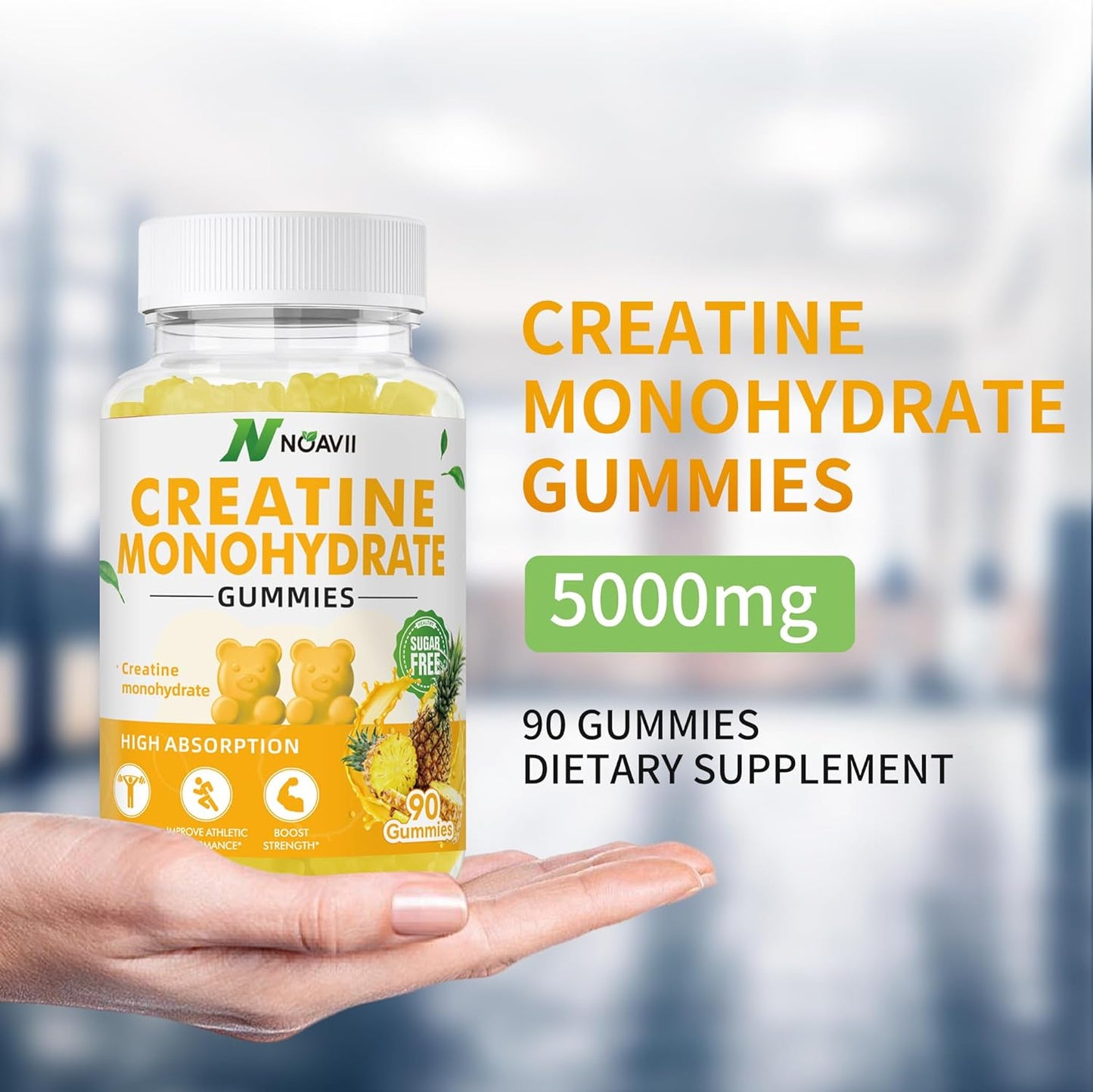 5000mg Creatine Monohydrate Gummies for Muscle Strength & Energy Boost - Pineapple Flavor - 90 Count - Pre-Workout Supplement for Men & Women