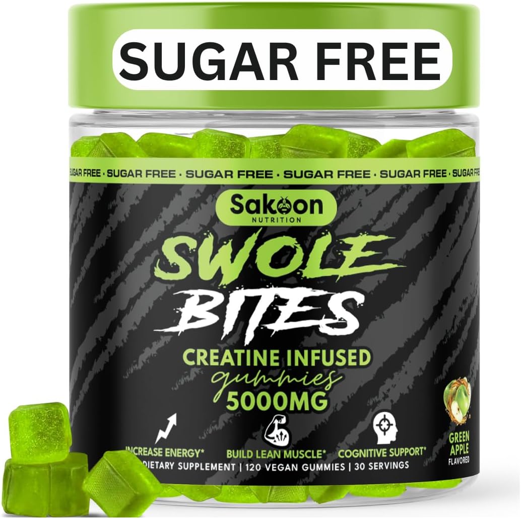 5000mg Creatine Monohydrate Gummies for Strength & Muscle Building | Vegan, Apple Flavor, 120 Count - Sakoon Nutrition