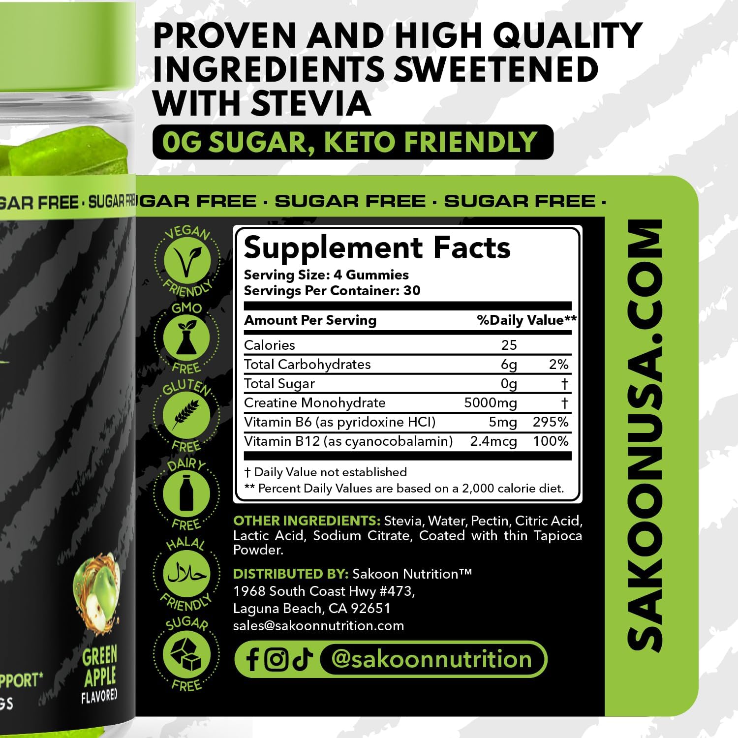 5000mg Creatine Monohydrate Gummies for Strength & Muscle Building | Vegan, Apple Flavor, 120 Count - Sakoon Nutrition