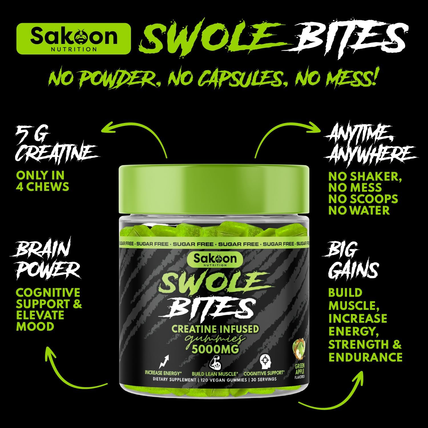 5000mg Creatine Monohydrate Gummies for Strength & Muscle Building | Vegan, Apple Flavor, 120 Count - Sakoon Nutrition