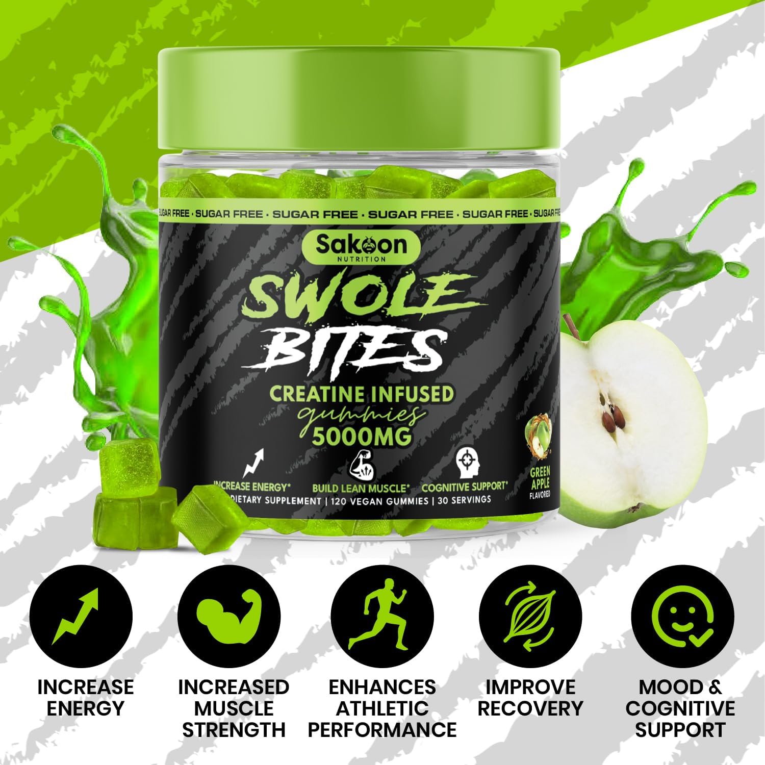 5000mg Creatine Monohydrate Gummies for Strength & Muscle Building | Vegan, Apple Flavor, 120 Count - Sakoon Nutrition