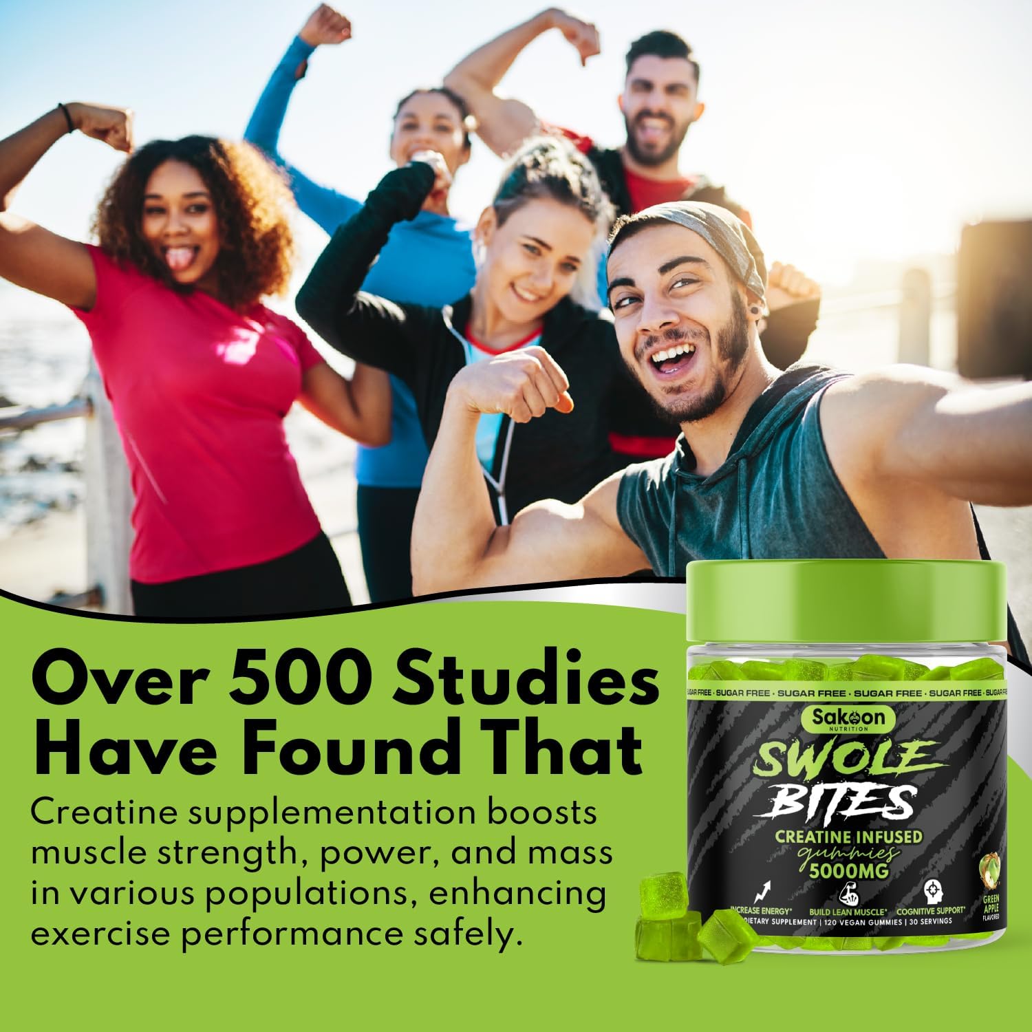 5000mg Creatine Monohydrate Gummies for Strength & Muscle Building | Vegan, Apple Flavor, 120 Count - Sakoon Nutrition