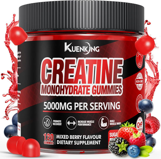 5000mg Creatine Monohydrate Gummies with L-Taurine & B12 - Sugar-Free Vegan Supplement for Focus, Strength & Endurance - Mixed Berry Flavor, 120 ct
