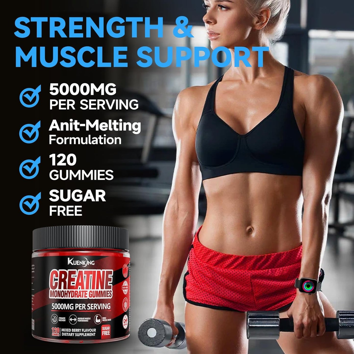 5000mg Creatine Monohydrate Gummies with L-Taurine & B12 - Sugar-Free Vegan Supplement for Focus, Strength & Endurance - Mixed Berry Flavor, 120 ct