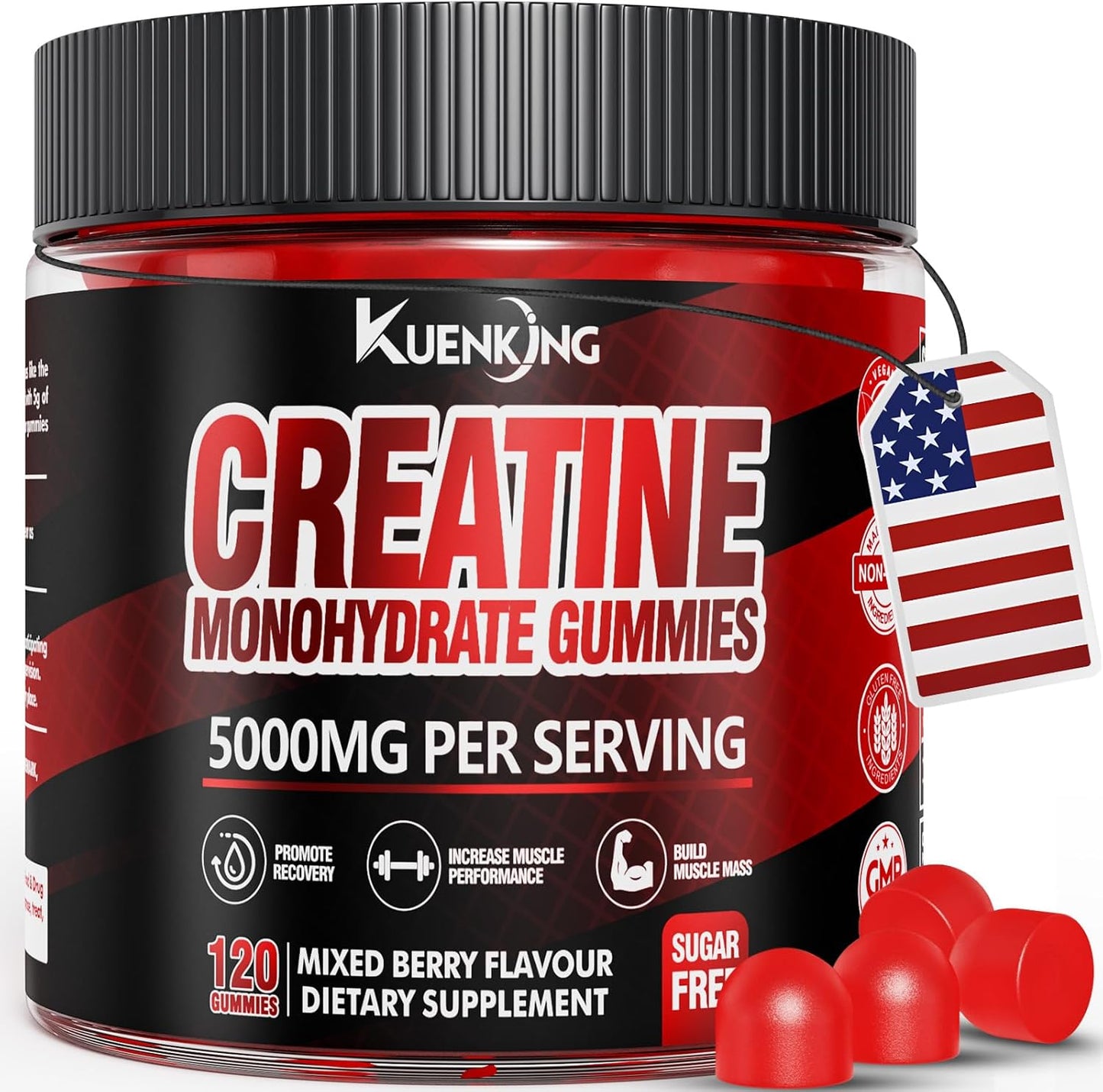 5000mg Creatine Monohydrate Gummies with L-Taurine & B12 - Sugar-Free Vegan Supplement for Focus, Strength & Endurance - Mixed Berry Flavor, 120 ct