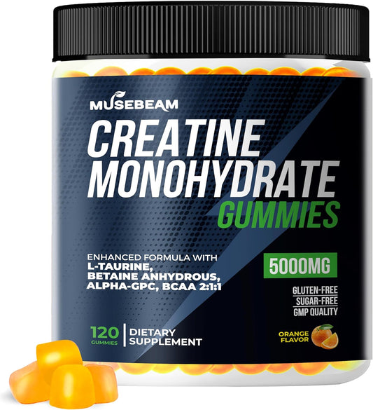 5000mg Creatine Monohydrate Gummy Supplement with L-Taurine, Betaine Anhydrous, Alpha-GPC, and BCAA 2:1:1 - Sugar-Free and Gluten-Free for Men and Women by musebeam