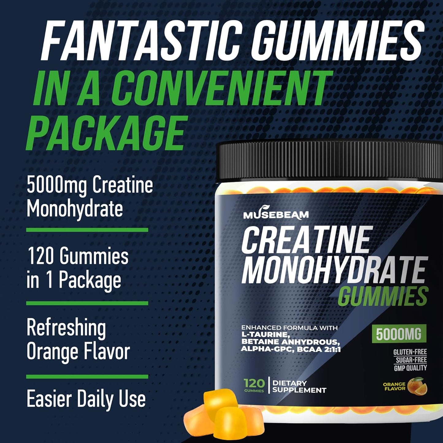 5000mg Creatine Monohydrate Gummy Supplement with L-Taurine, Betaine Anhydrous, Alpha-GPC, and BCAA 2:1:1 - Sugar-Free and Gluten-Free for Men and Women by musebeam