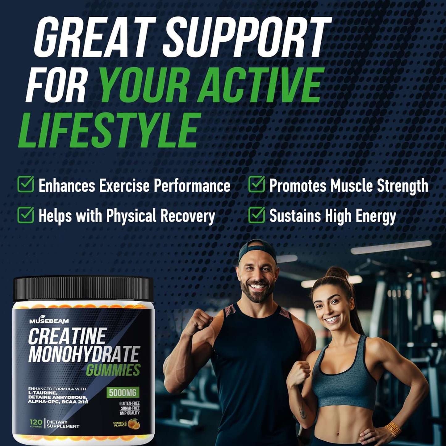 5000mg Creatine Monohydrate Gummy Supplement with L-Taurine, Betaine Anhydrous, Alpha-GPC, and BCAA 2:1:1 - Sugar-Free and Gluten-Free for Men and Women by musebeam