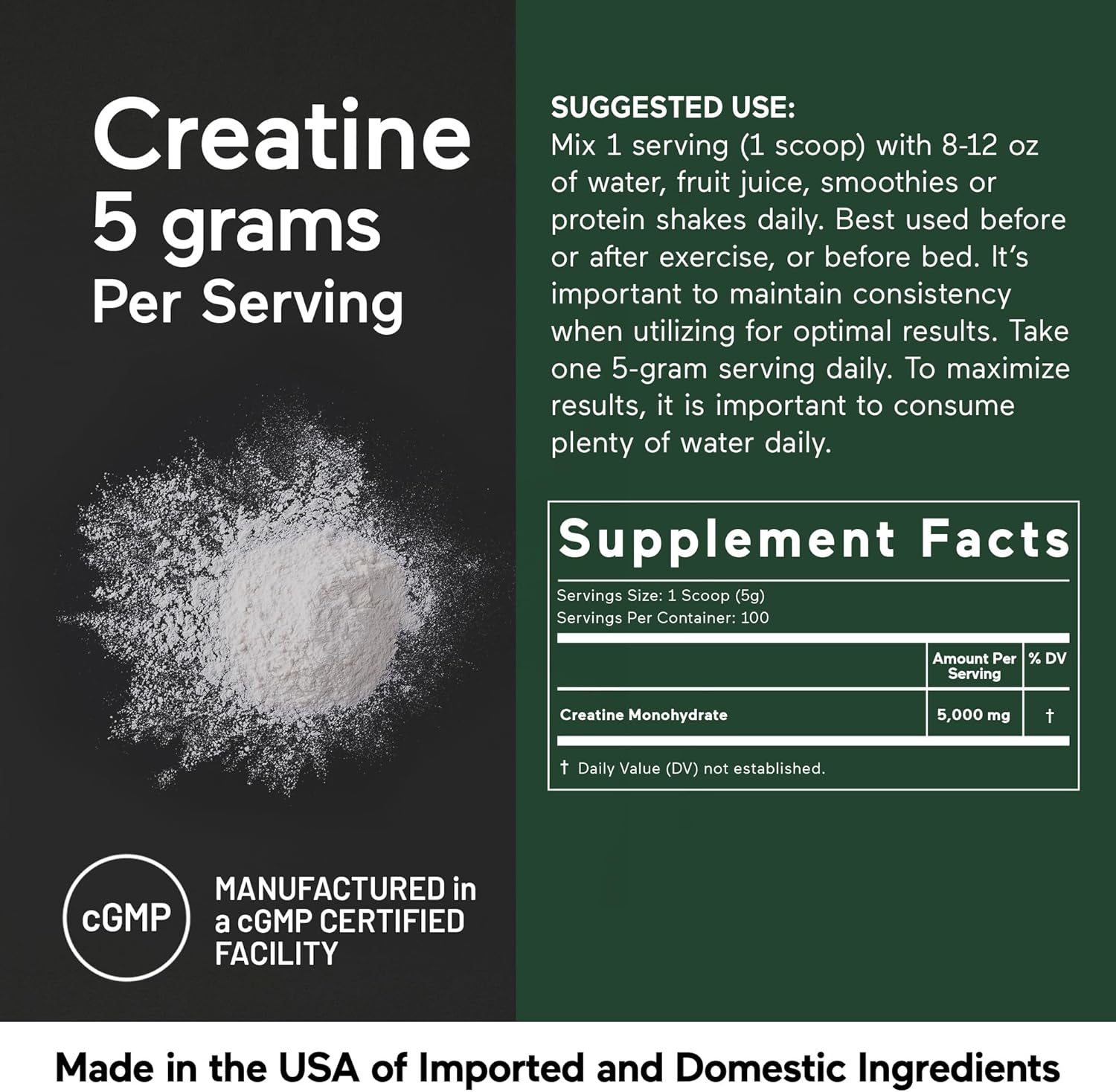 5000mg Creatine Monohydrate Powder - 500g for Muscle Mass & Hydration - Keto Friendly & Gluten-Free - 100 Servings
