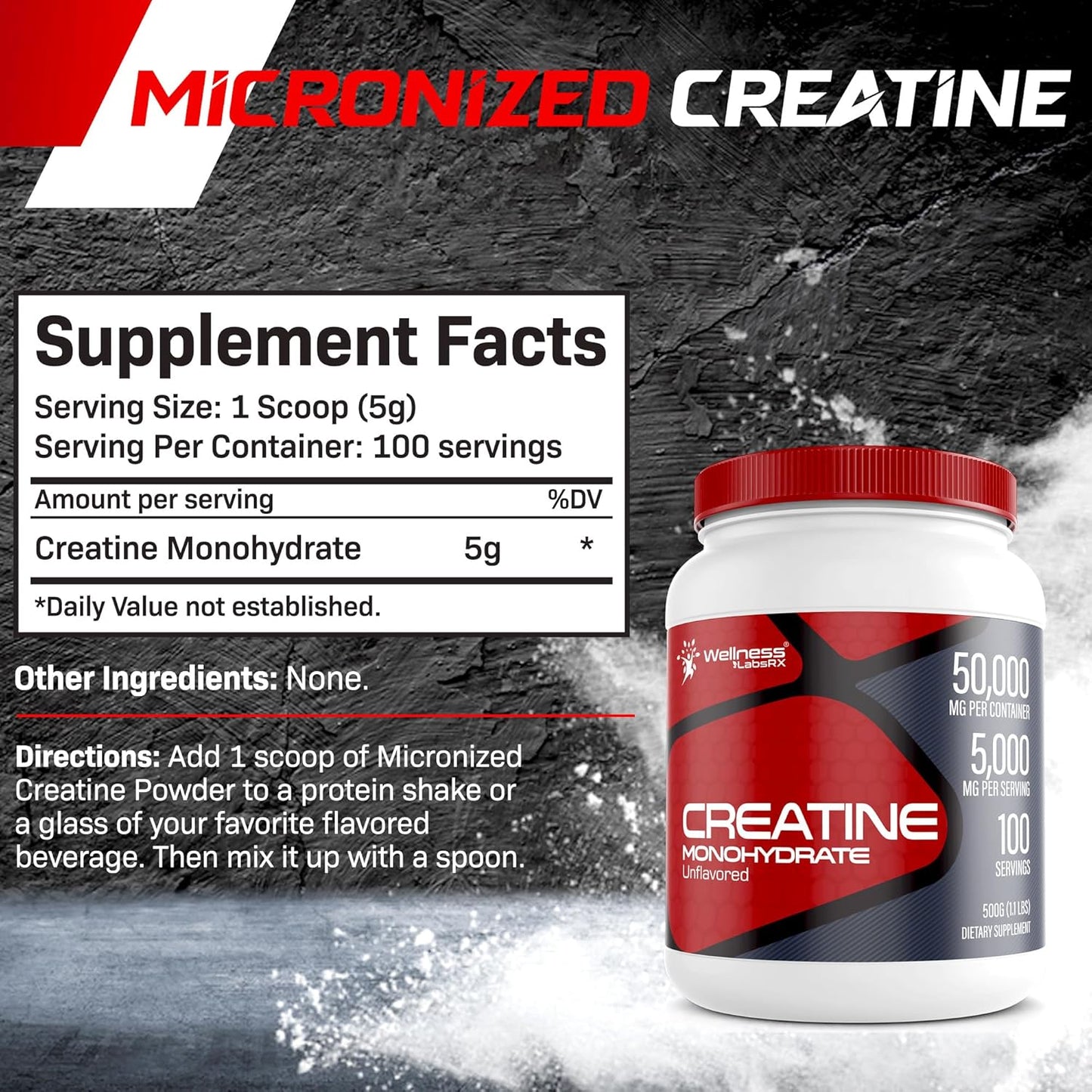 5000mg Creatine Monohydrate Powder for Muscle Growth and Recovery - 1.1Lbs, 100 Servings - Workout Supplement for Men - Enhanced Performance and Energy - Keto Friendly