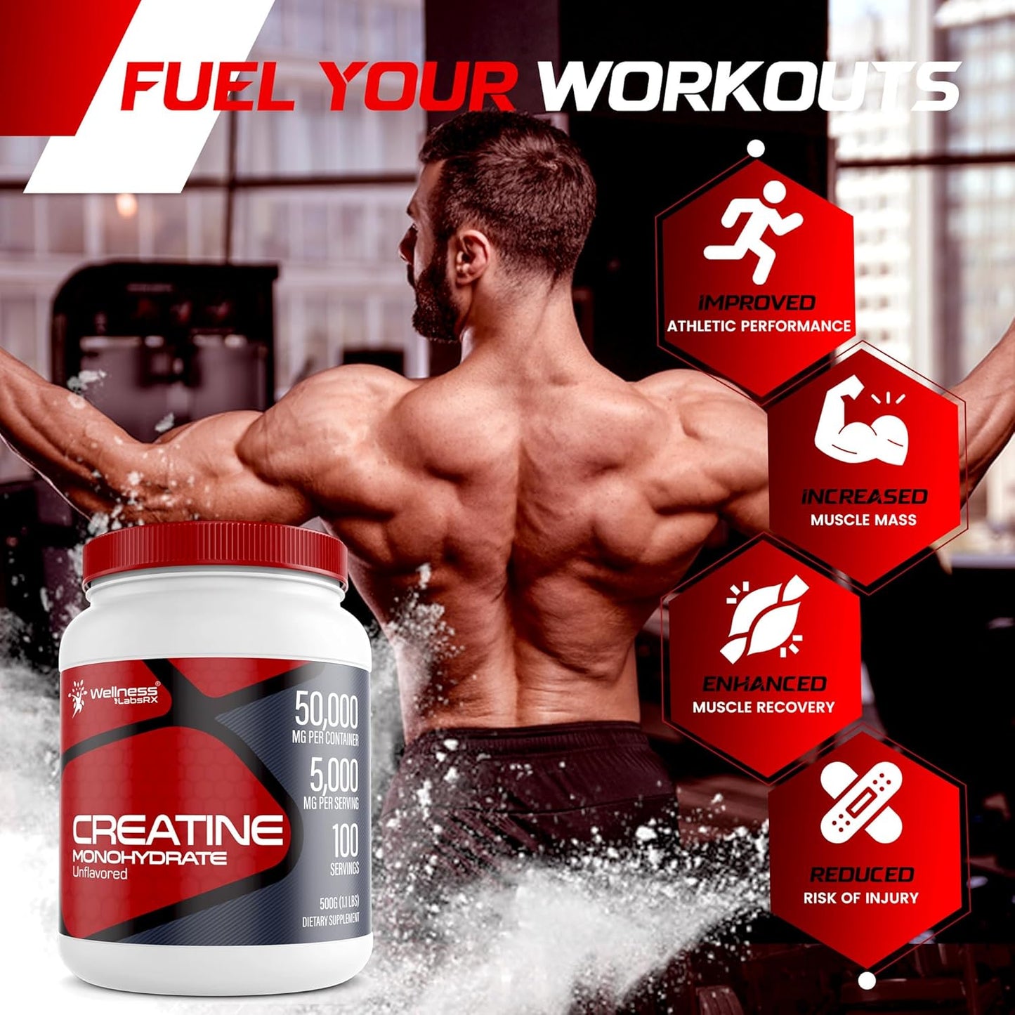 5000mg Creatine Monohydrate Powder for Muscle Growth and Recovery - 1.1Lbs, 100 Servings - Workout Supplement for Men - Enhanced Performance and Energy - Keto Friendly