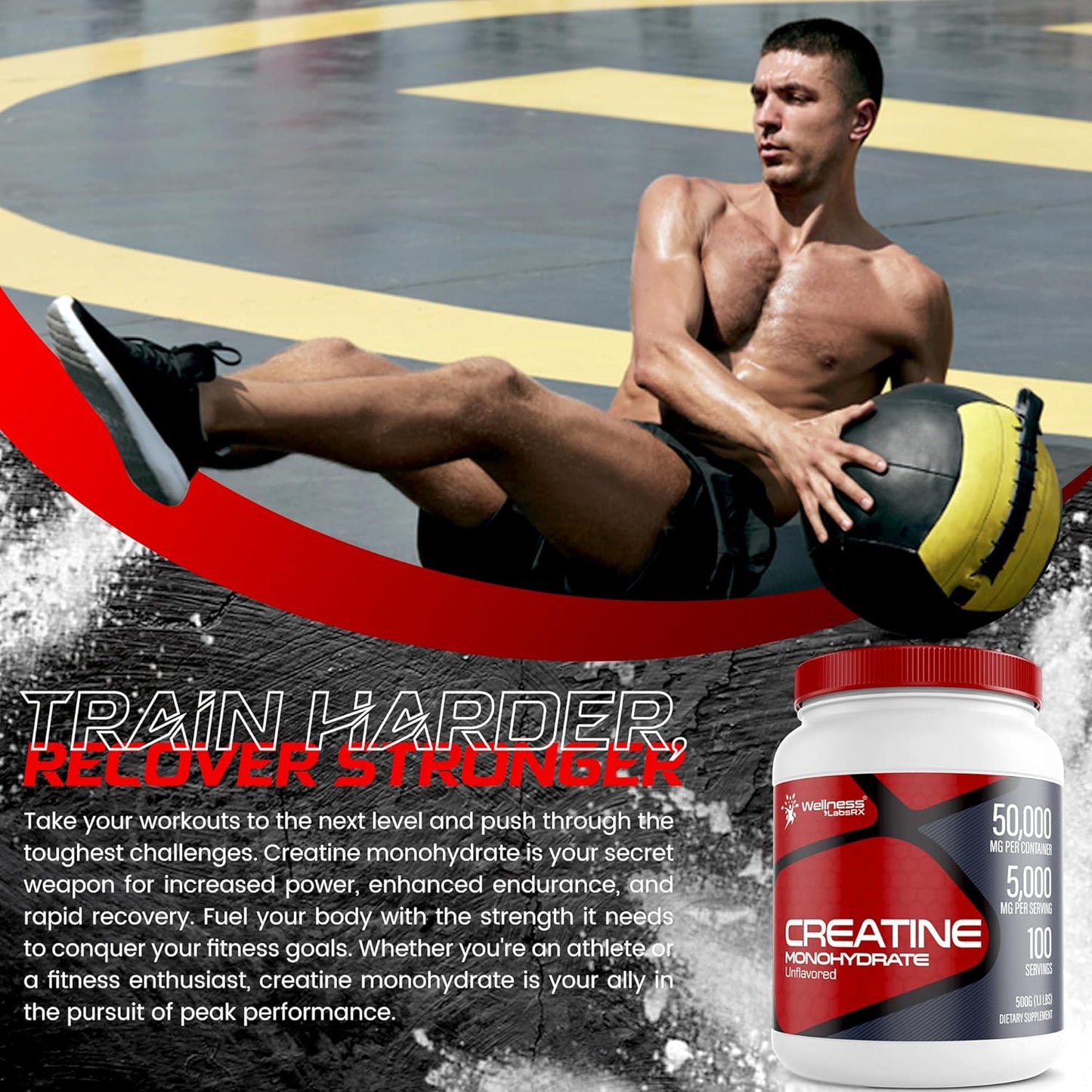 5000mg Creatine Monohydrate Powder for Muscle Growth and Recovery - 1.1Lbs, 100 Servings - Workout Supplement for Men - Enhanced Performance and Energy - Keto Friendly