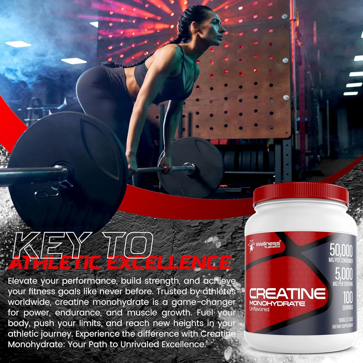 5000mg Creatine Monohydrate Powder for Muscle Growth and Recovery - 1.1Lbs, 100 Servings - Workout Supplement for Men - Enhanced Performance and Energy - Keto Friendly