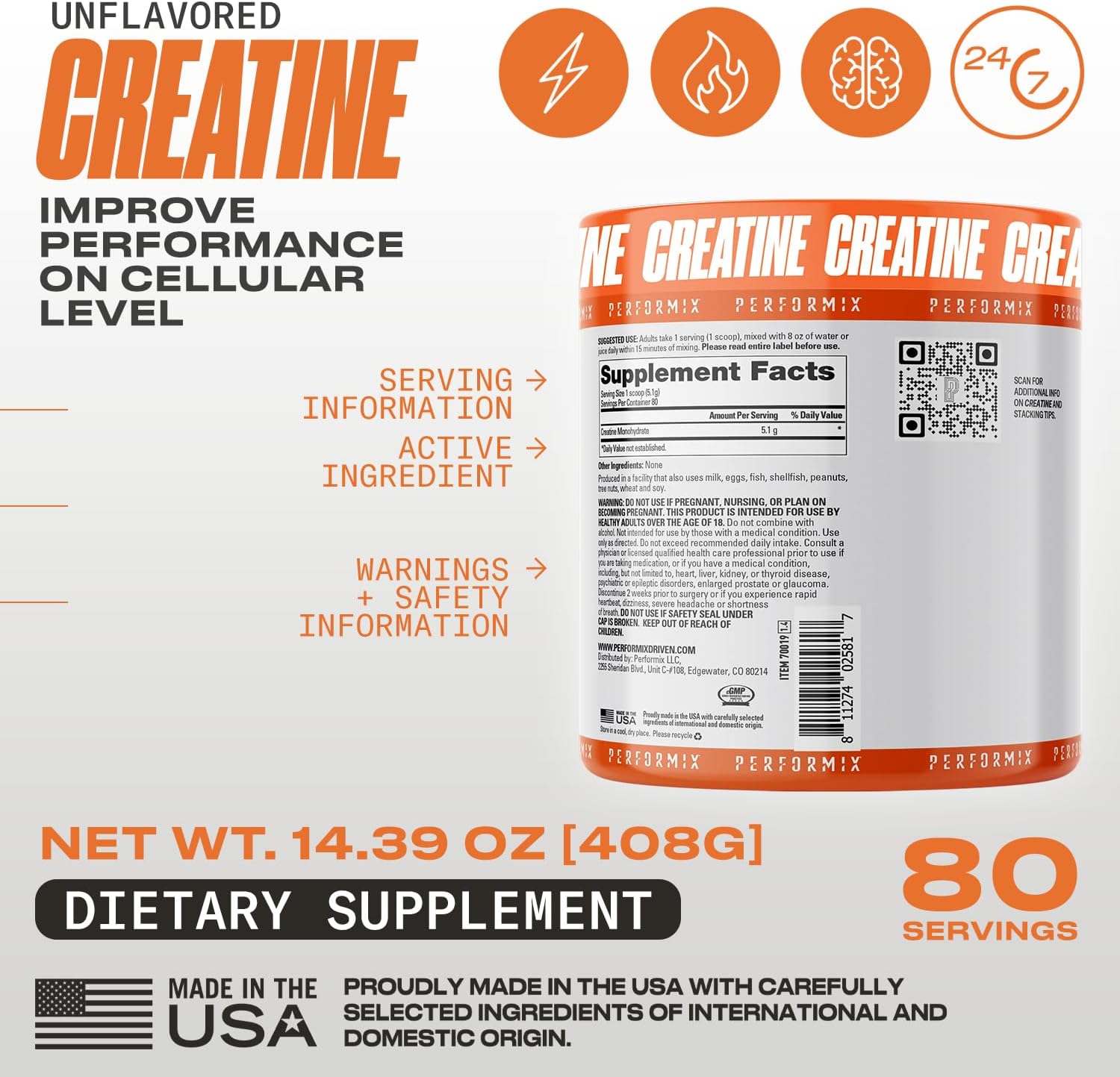 5000mg Creatine Monohydrate Powder for Muscle Mass & Strength - Pre Workout Supplement, Unflavored - 80 Servings, 400g