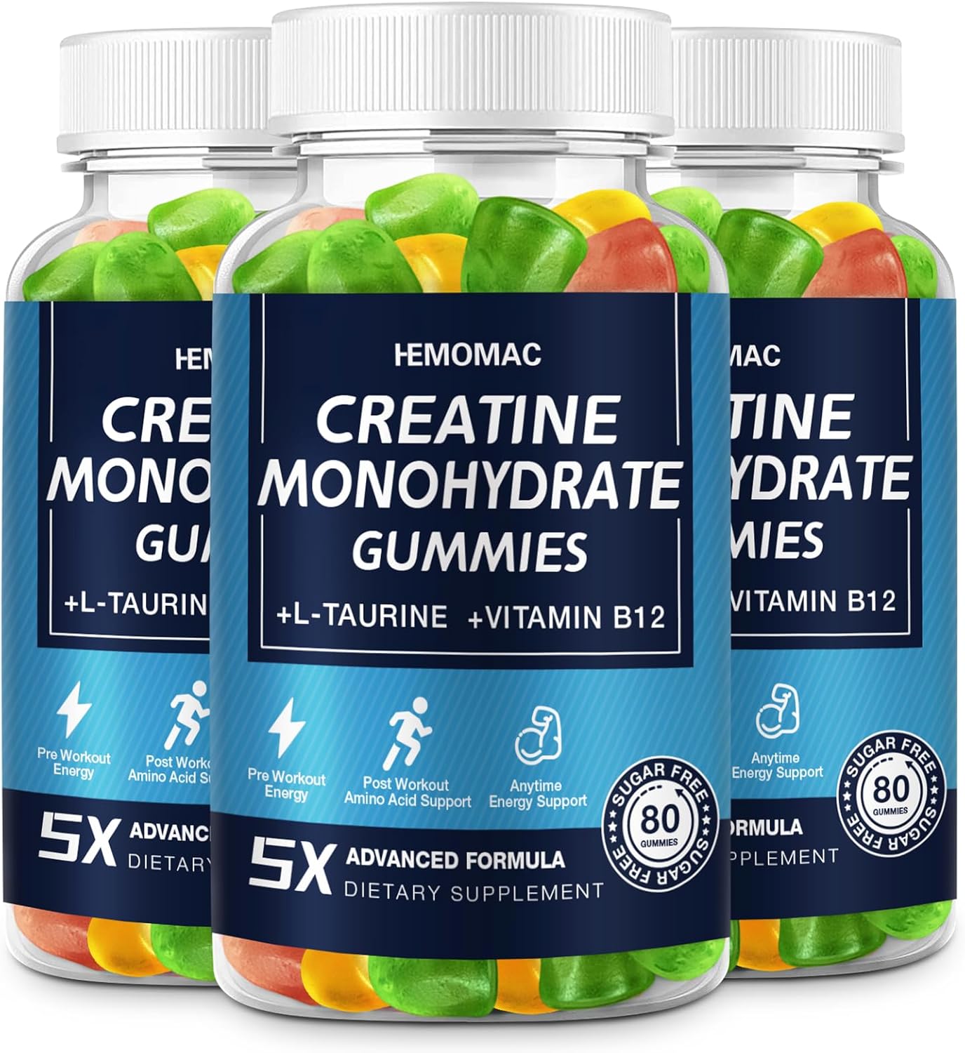 5000mg Hemomac Creatine Monohydrate Gummies for Muscle Strength & Energy - Vegan Workout Supplement for Men & Women - 3 Pack