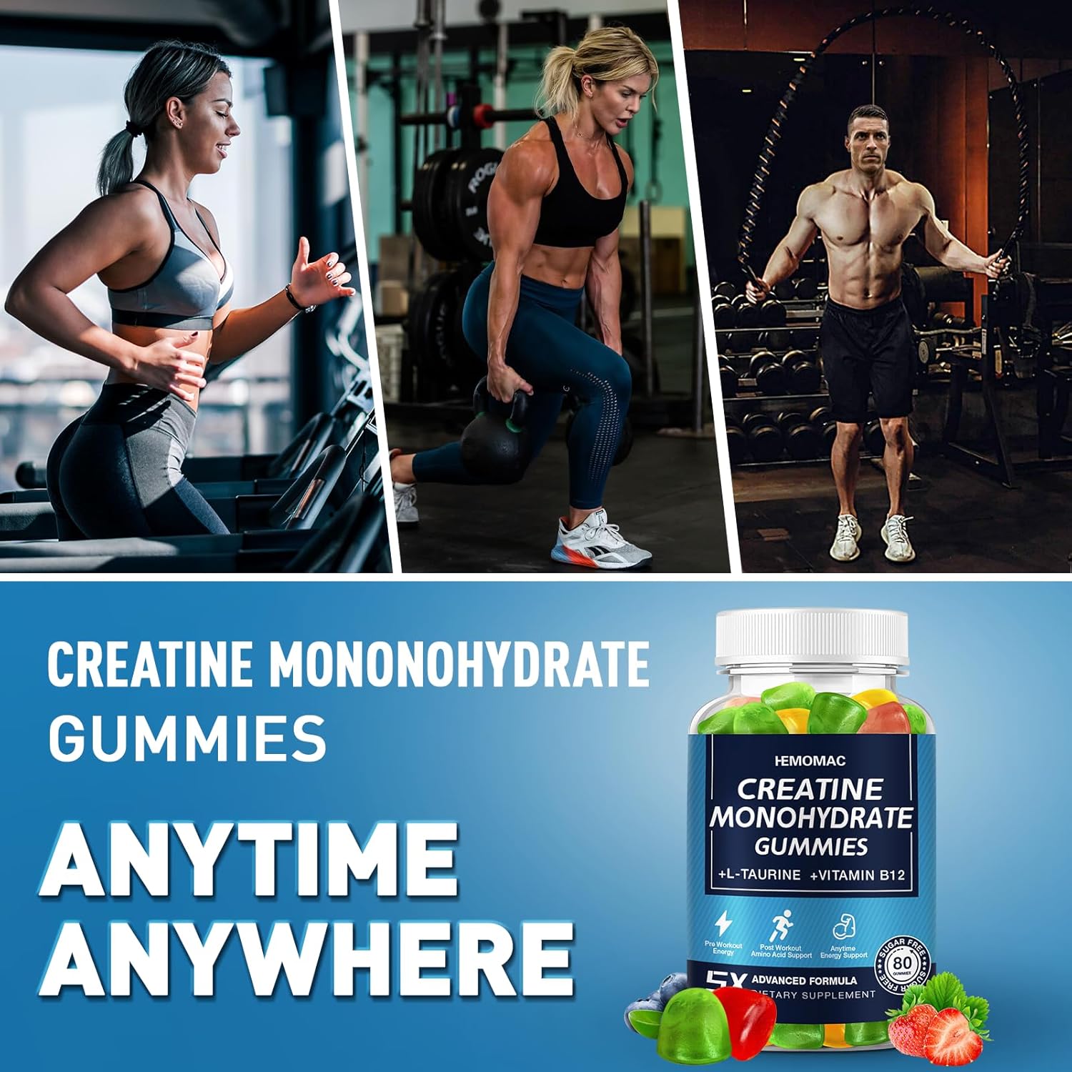 5000mg Hemomac Creatine Monohydrate Gummies for Muscle Strength & Energy - Vegan Workout Supplement for Men & Women - 3 Pack