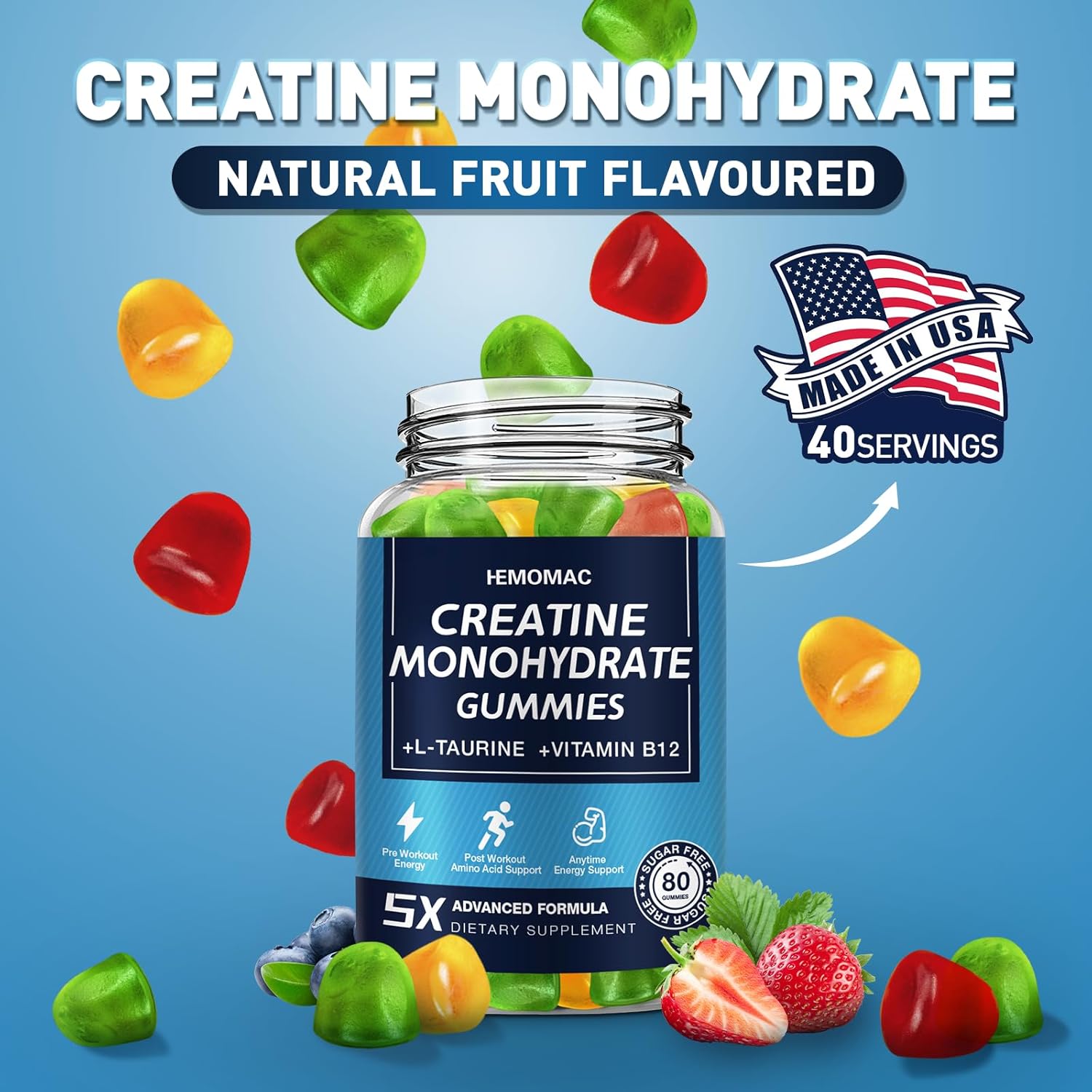 5000mg Hemomac Creatine Monohydrate Gummies for Muscle Strength & Energy - Vegan Workout Supplement for Men & Women - 3 Pack