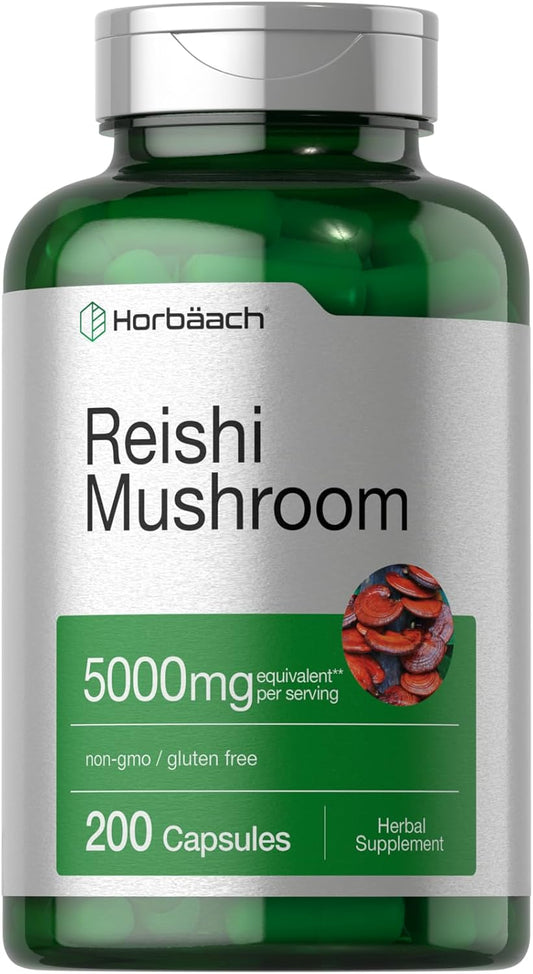 5000mg Horbäach Reishi Mushroom Capsules - 200 Count - Non-GMO & Gluten Free Supplement