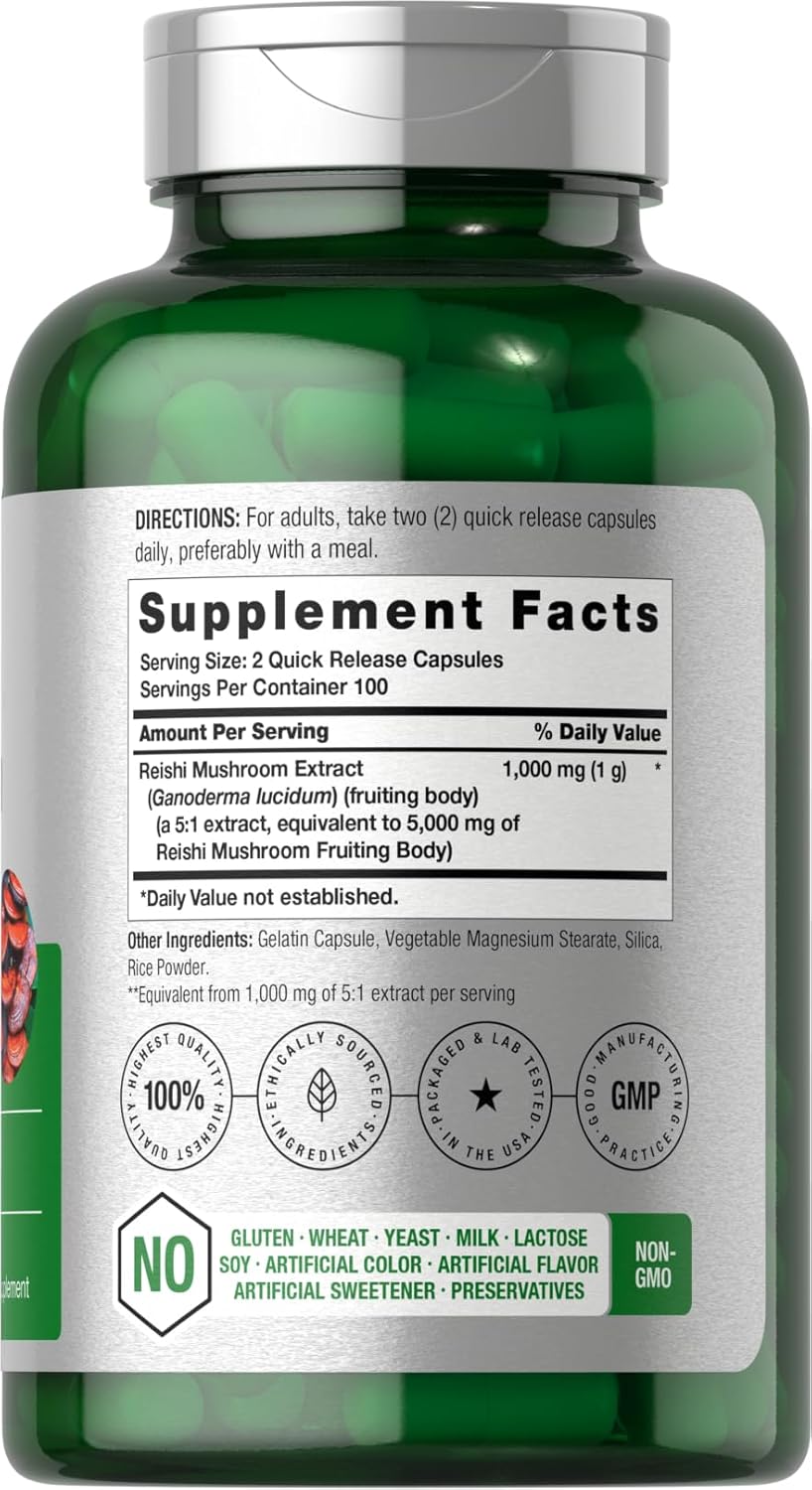 5000mg Horbäach Reishi Mushroom Capsules - 200 Count - Non-GMO & Gluten Free Supplement