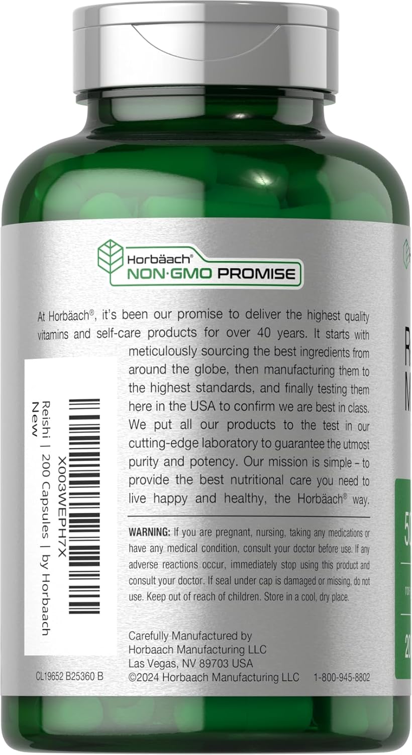 5000mg Horbäach Reishi Mushroom Capsules - 200 Count - Non-GMO & Gluten Free Supplement
