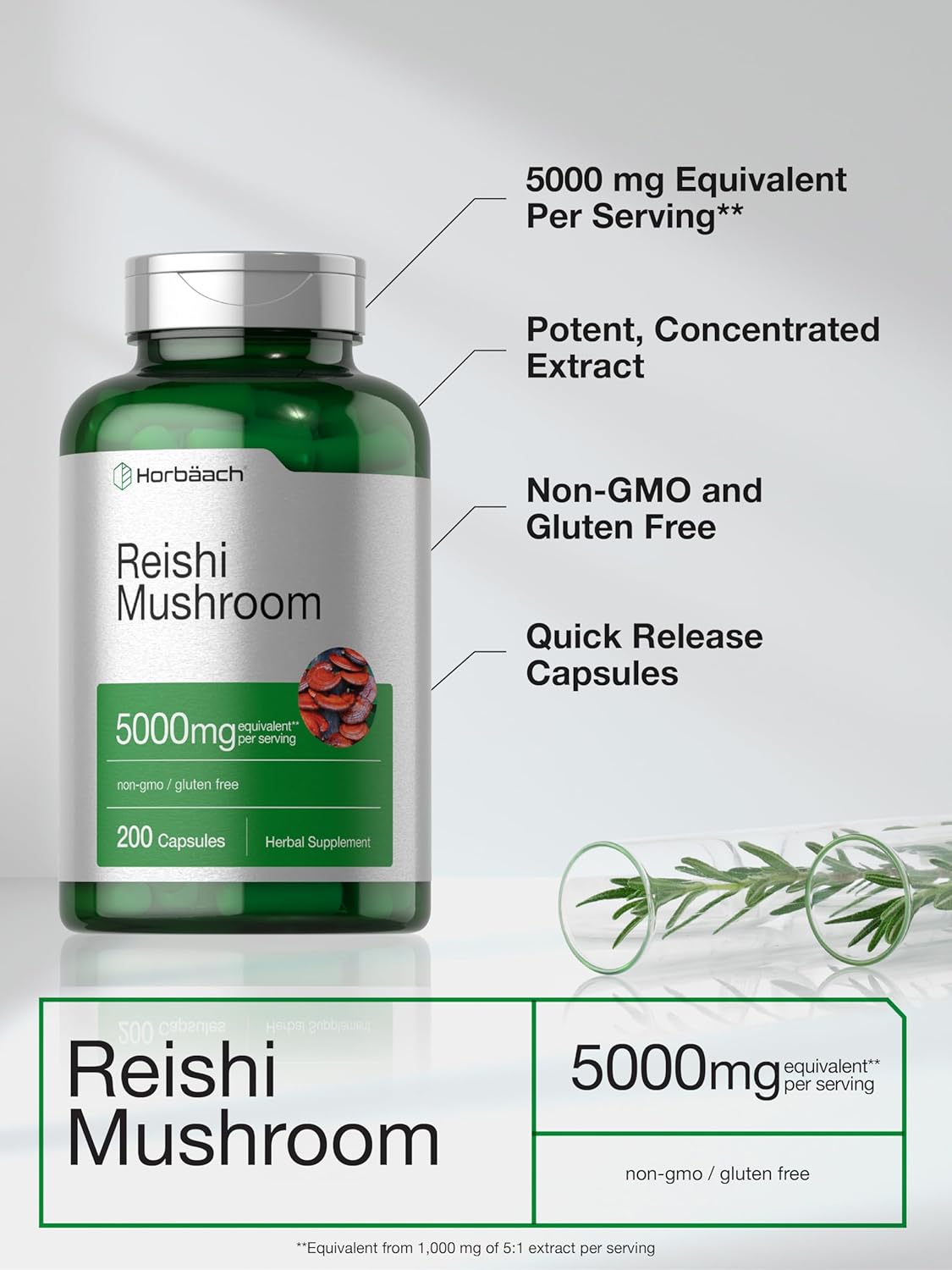 5000mg Horbäach Reishi Mushroom Capsules - 200 Count - Non-GMO & Gluten Free Supplement