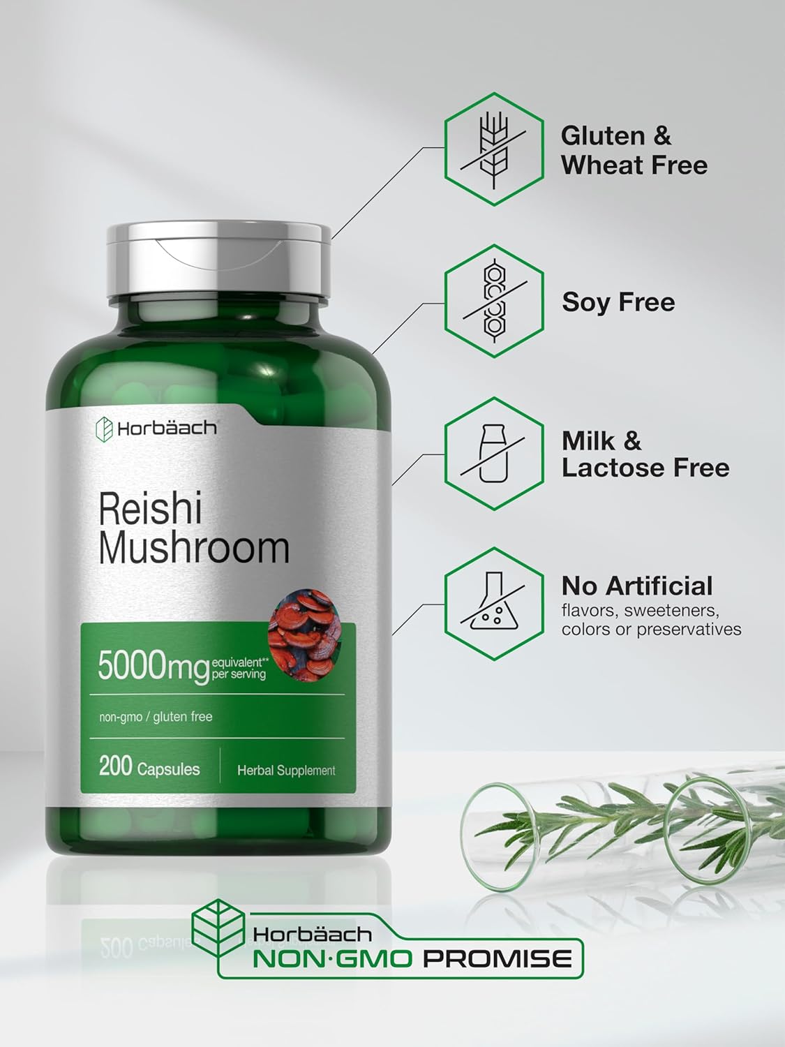 5000mg Horbäach Reishi Mushroom Capsules - 200 Count - Non-GMO & Gluten Free Supplement