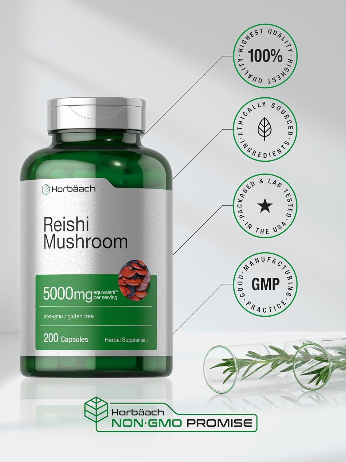 5000mg Horbäach Reishi Mushroom Capsules - 200 Count - Non-GMO & Gluten Free Supplement
