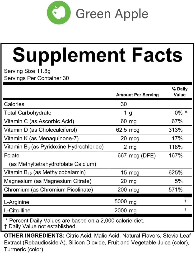 5000mg L-Arginine Complete Green Apple Supplement for Energy Boost and Endurance