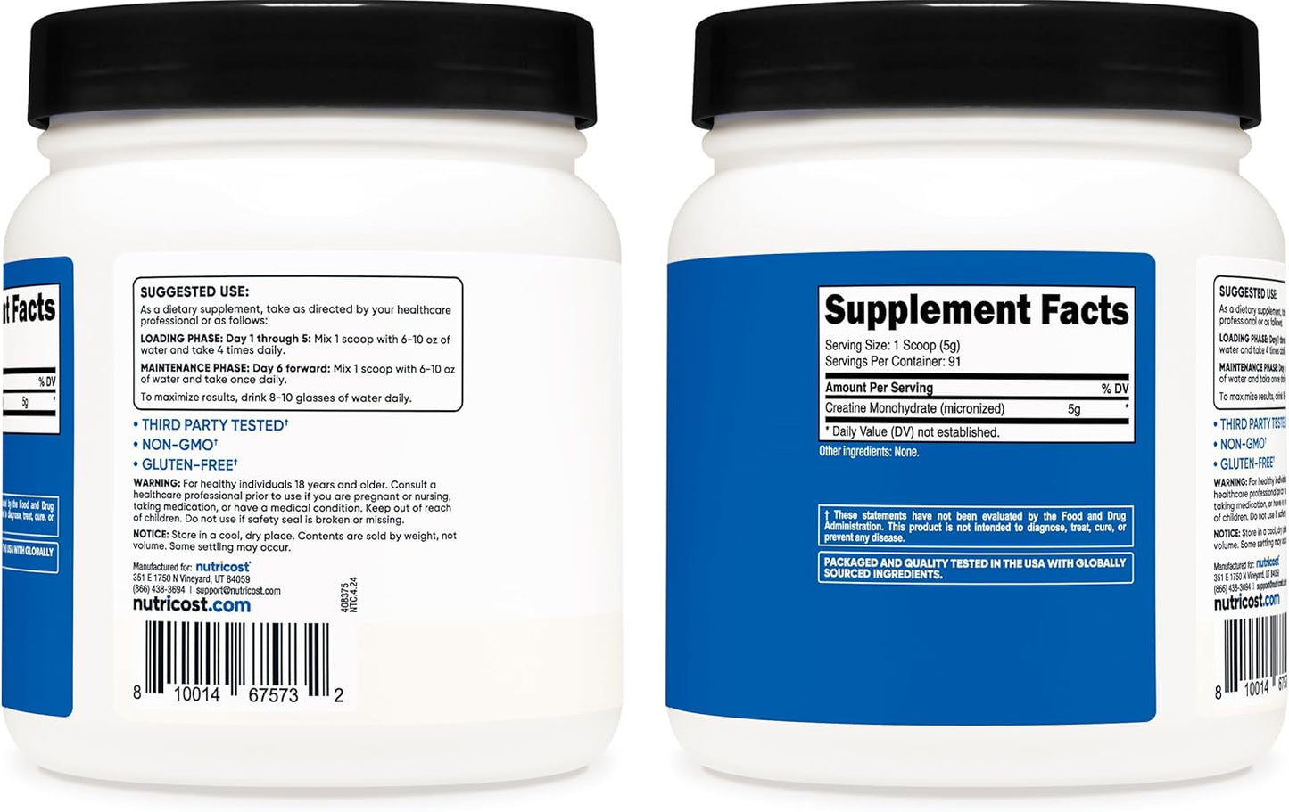 5000mg Micronized Creatine Monohydrate Powder - 1 LB (454 Grams) - Nutricost