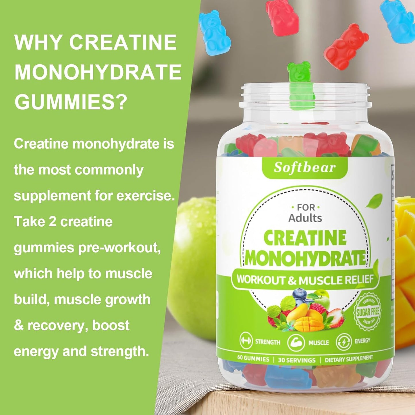 5000mg Vegan Creatine Monohydrate Gummies for Muscle Builder Strength - Mixed Flavor Pre Workout Supplement for Men Women - 60 Count
