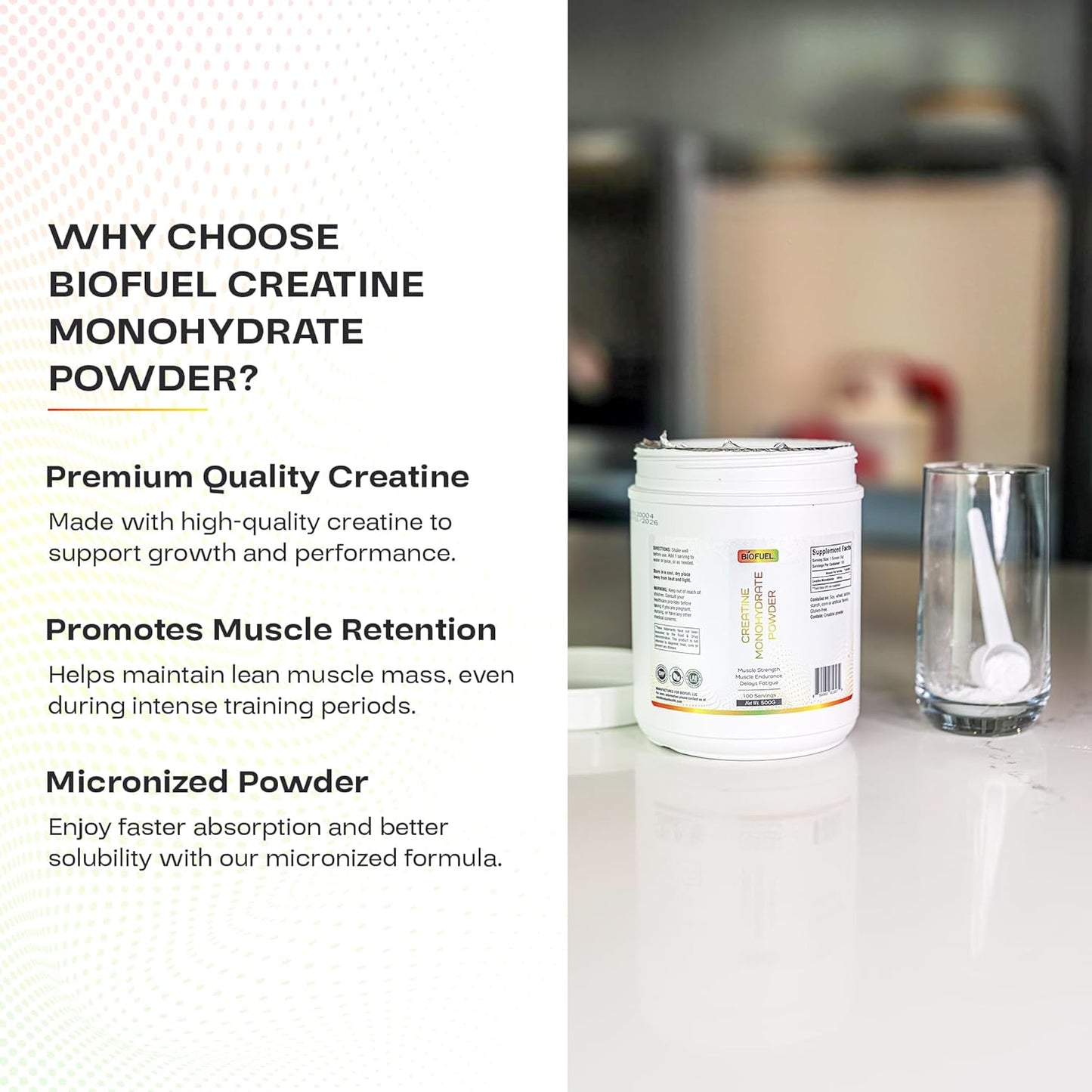 500g Biofuel Creatine Monohydrate Powder for Muscle Building, Strength, and Performance - 100 Servings