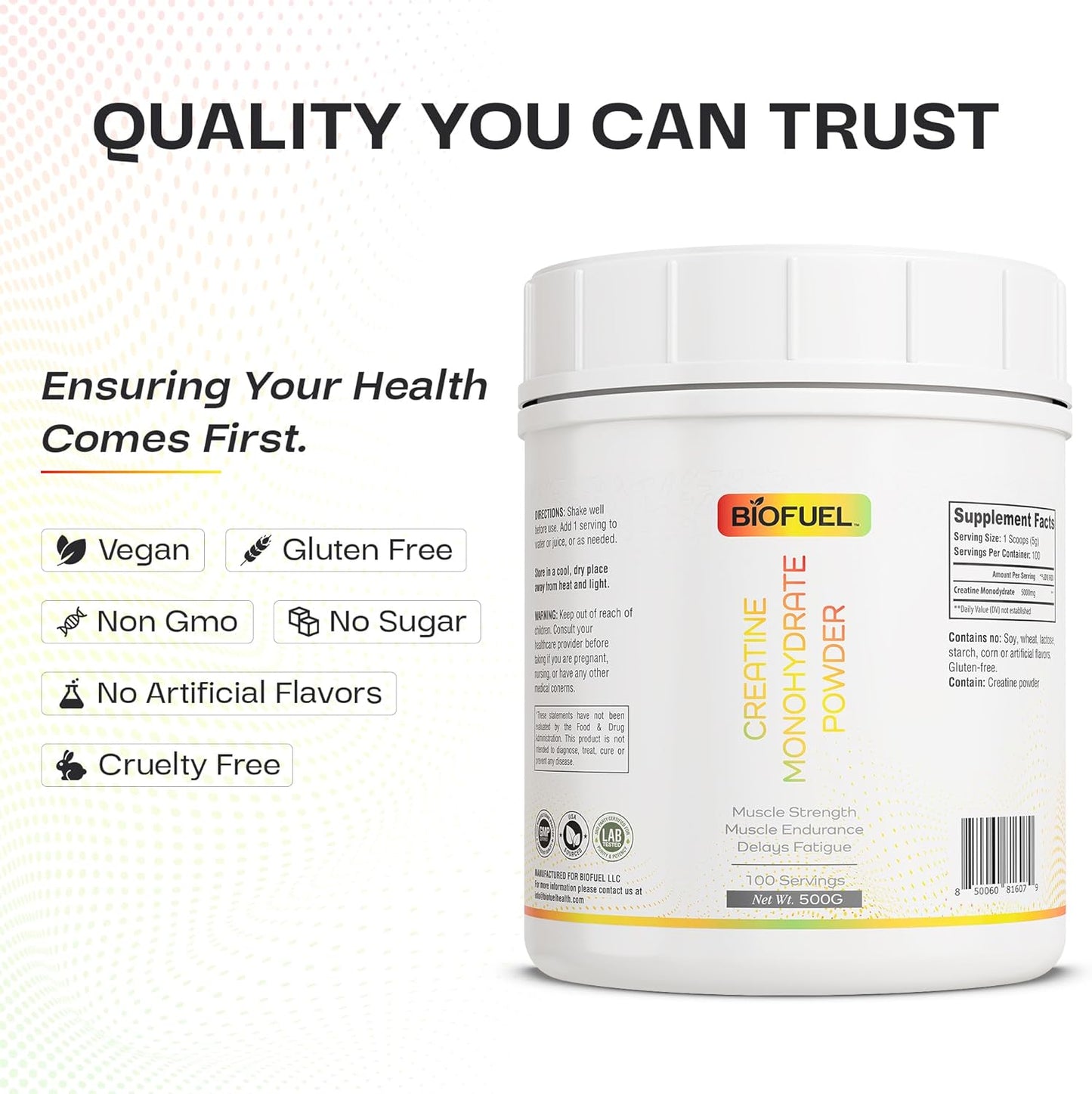 500g Biofuel Creatine Monohydrate Powder for Muscle Building, Strength, and Performance - 100 Servings