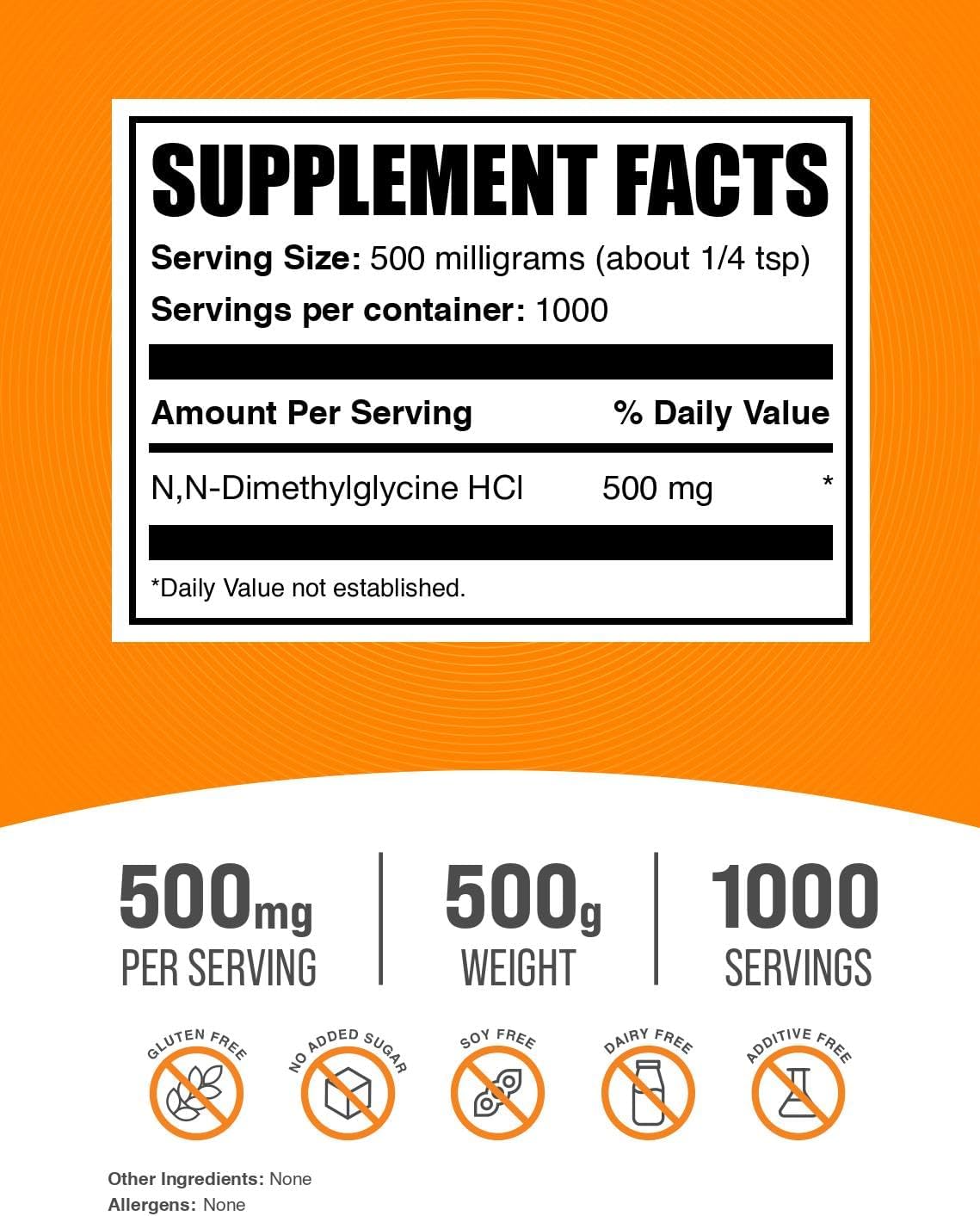 500g BulkSupplements.com DMG HCl Powder - N,N-Dimethylglycine HCl - Gluten Free Supplement - 500mg per Serving - 1.1 lbs Pack