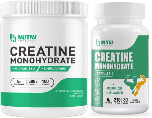 500g Creatine Monohydrate Powder & Capsules for Muscle Building - Pure Micronized Supplement for Pre & Post Workout, Non-GMO Unflavored