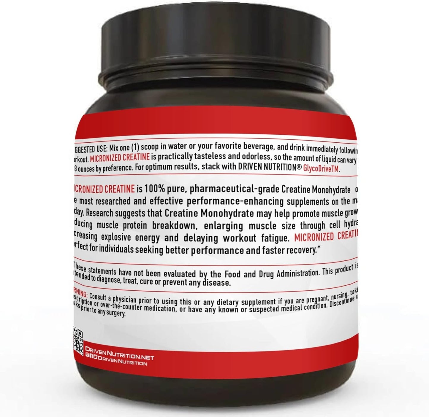 500g Driven Nutrition Creatine Powder - Unflavored Micronized Formula for Physical Performance & Cognition - 5g Per Serving to Boost Strength, Endurance, & Muscle Mass