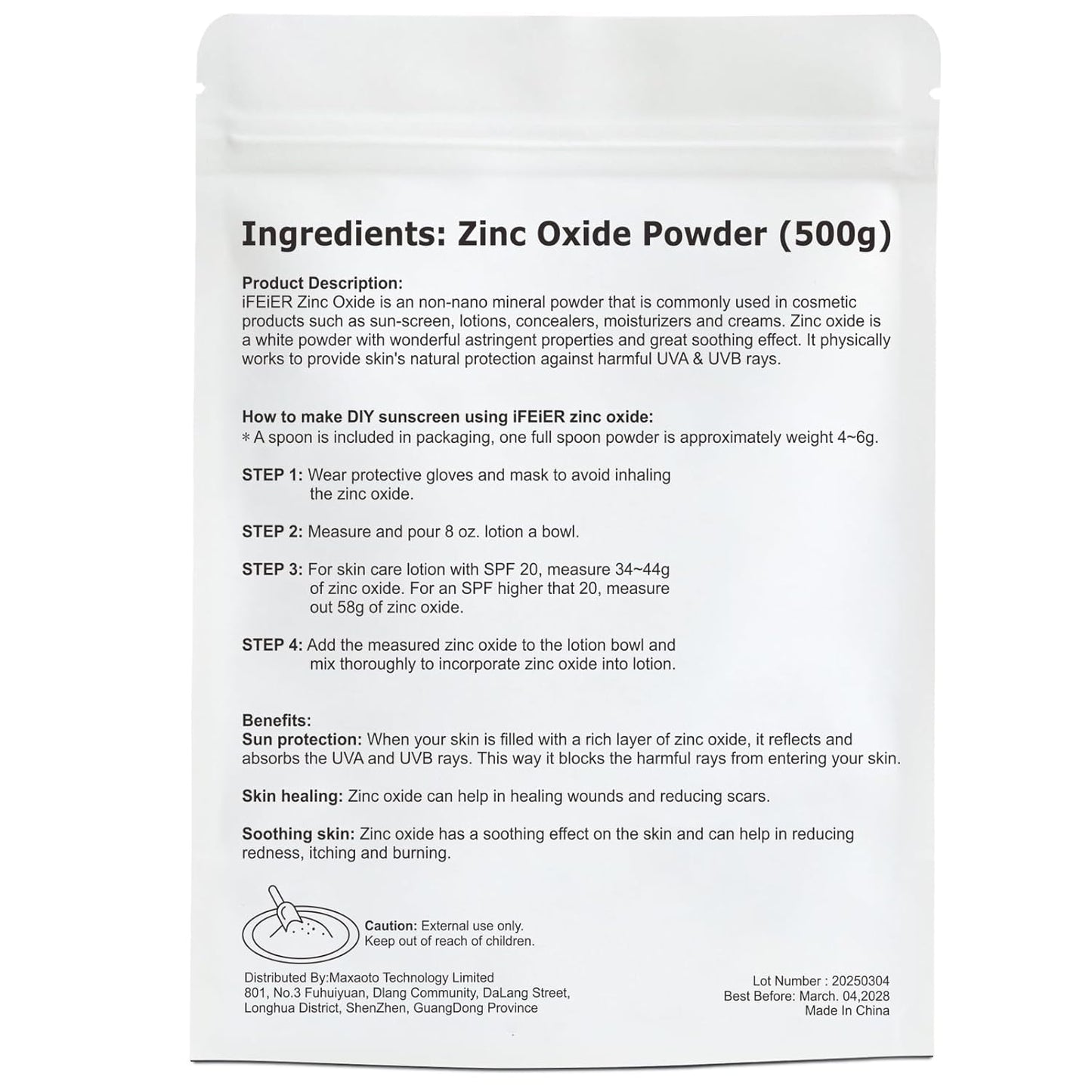 500g iFEiER Zinc Oxide Powder for Skin Protection | Non Nano Coated Cosmetics Grade | DIY Sunscreen Formula