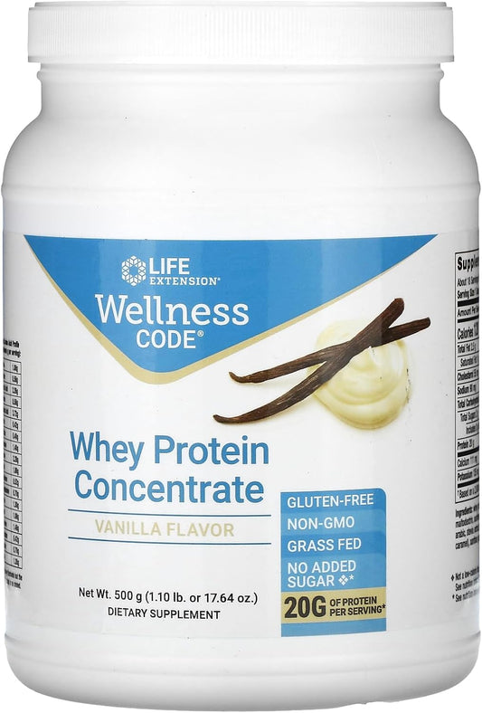 500g Life Extension Wellness Code Whey Protein Concentrate - Grass-Fed, Free-Range, Hormone-Free, Non-GMO, No Sugar Added - 20g Protein for Muscle Growth & Immune Health - Vanilla Flavor