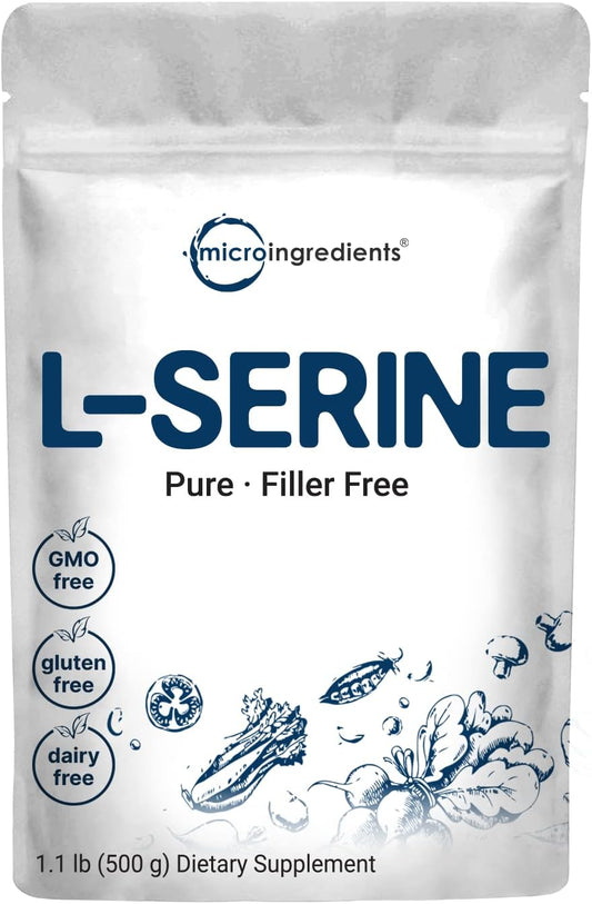 500g Micro Ingredients Pure L-Serine Powder for Brain Health, Supports L-Cystine & L-Tryptophan Production, Water Soluble, Non-GMO, Gluten-Free