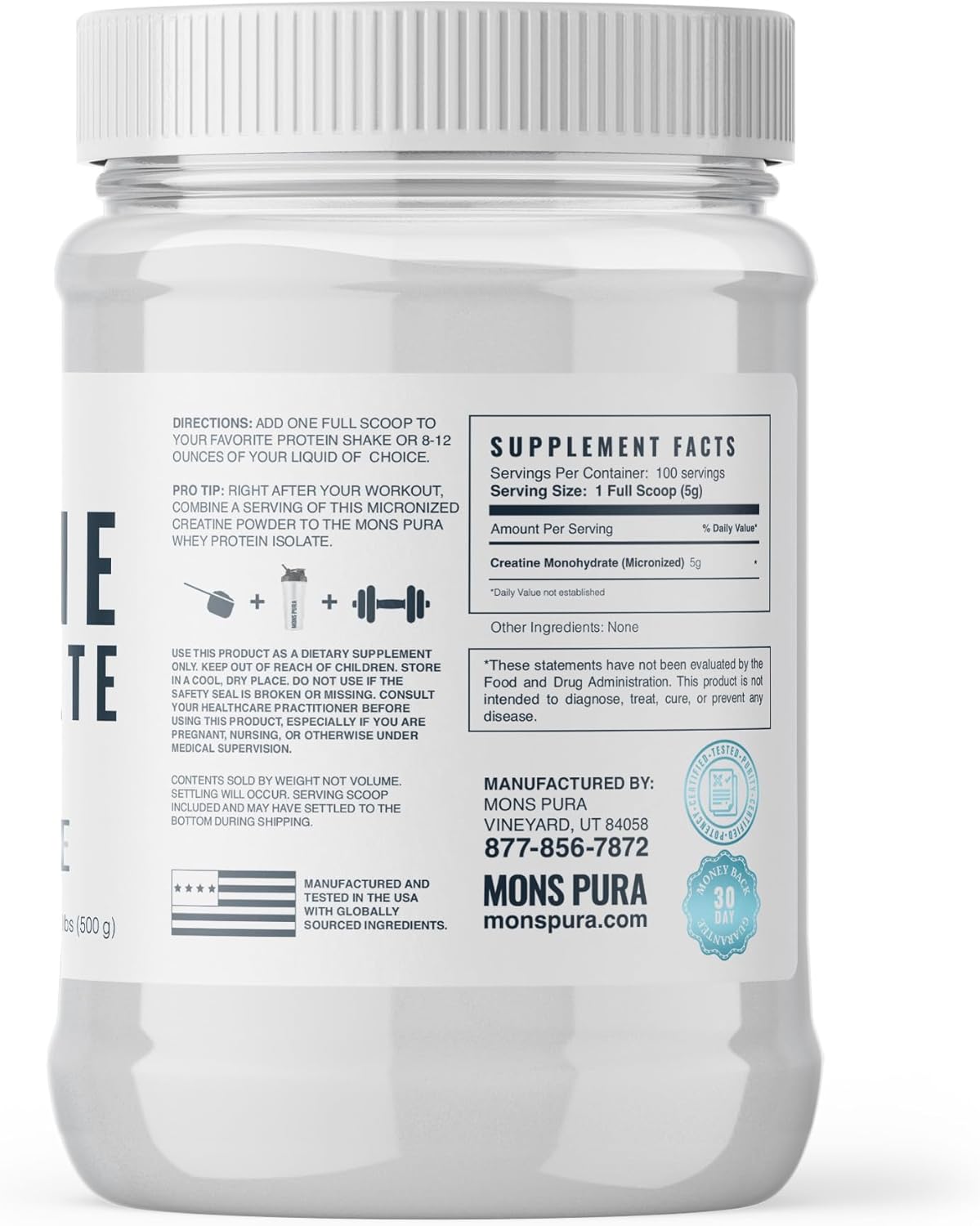 500g Mons Pura Creatine Monohydrate Powder - 100% Pure, Micronized, Unflavored - Supports Muscle Growth, Strength, and Endurance - Ideal for Athletes, Bodybuilders, Fitness Enthusiasts