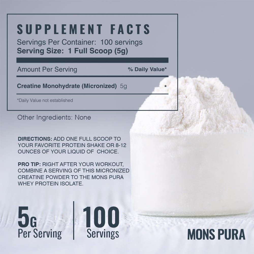 500g Mons Pura Creatine Monohydrate Powder - 100% Pure, Micronized, Unflavored - Supports Muscle Growth, Strength, and Endurance - Ideal for Athletes, Bodybuilders, Fitness Enthusiasts