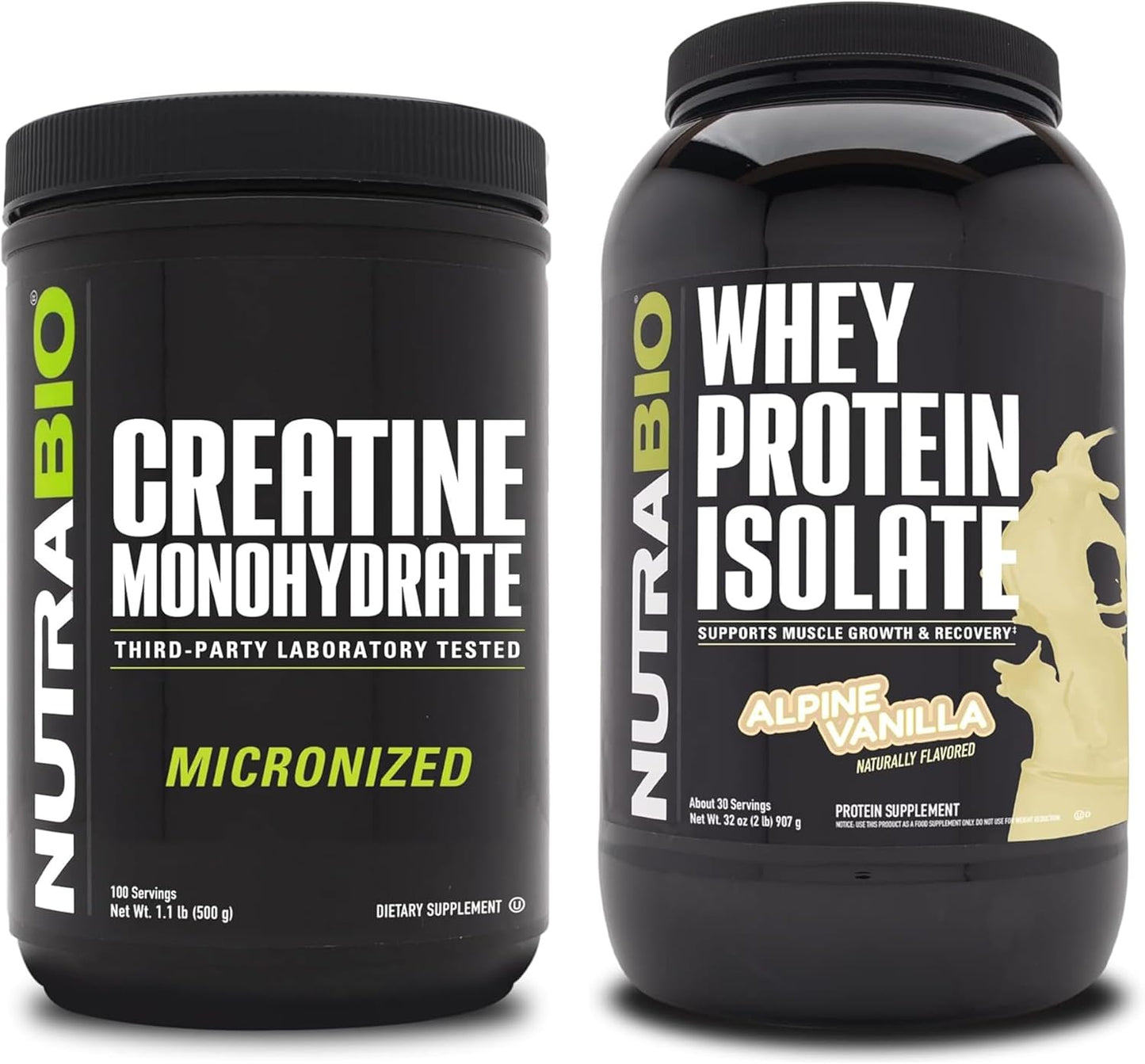 500g NutraBio Creatine Monohydrate & Whey Protein Isolate Supplement Bundle for Muscle Energy, Lean Muscle Growth, Recovery, and Strength - Unflavored Creatine, Alpine Vanilla Protein