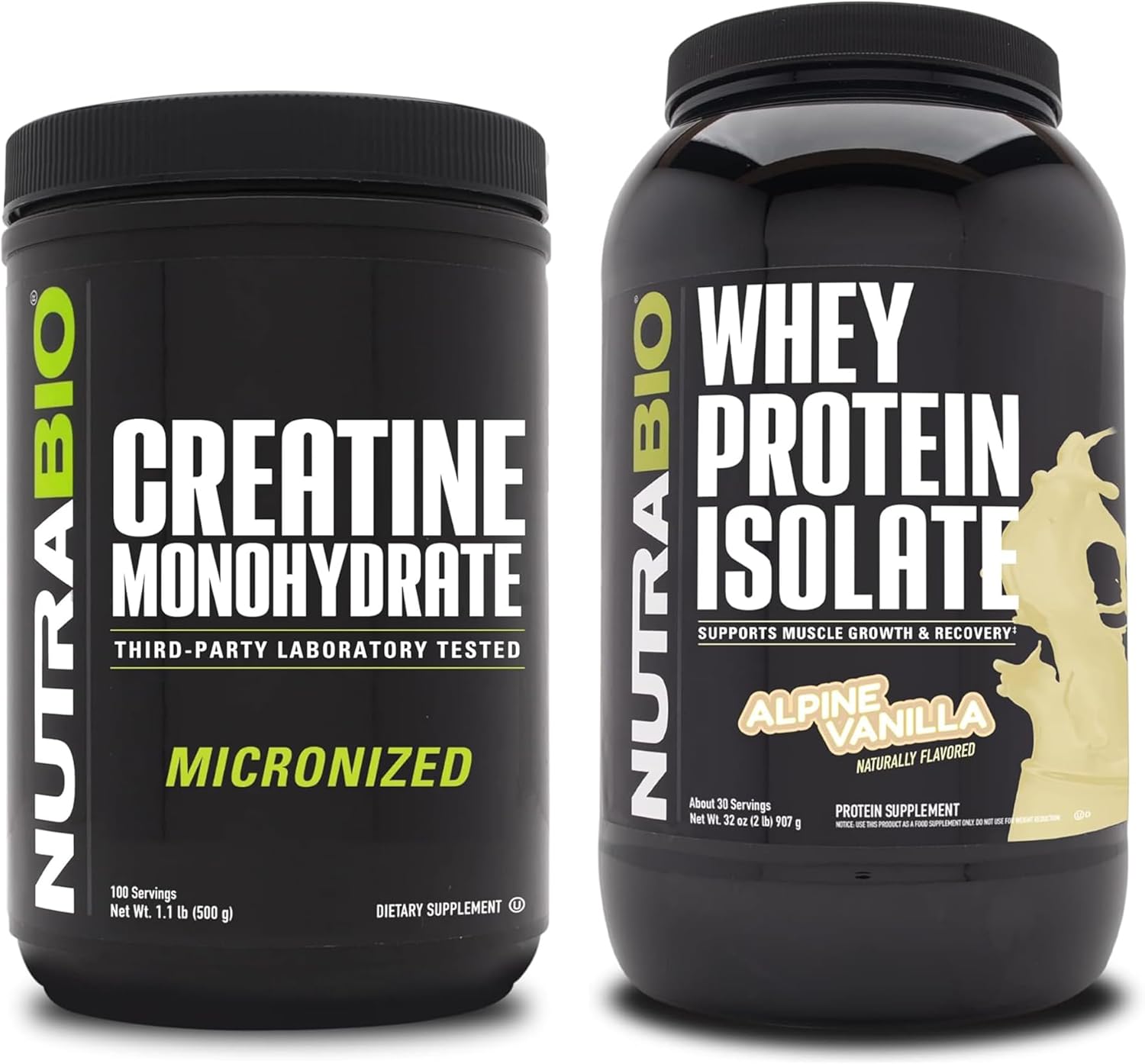 500g NutraBio Creatine Monohydrate & Whey Protein Isolate Supplement Bundle for Muscle Energy, Lean Muscle Growth, Recovery, and Strength - Unflavored Creatine, Alpine Vanilla Protein