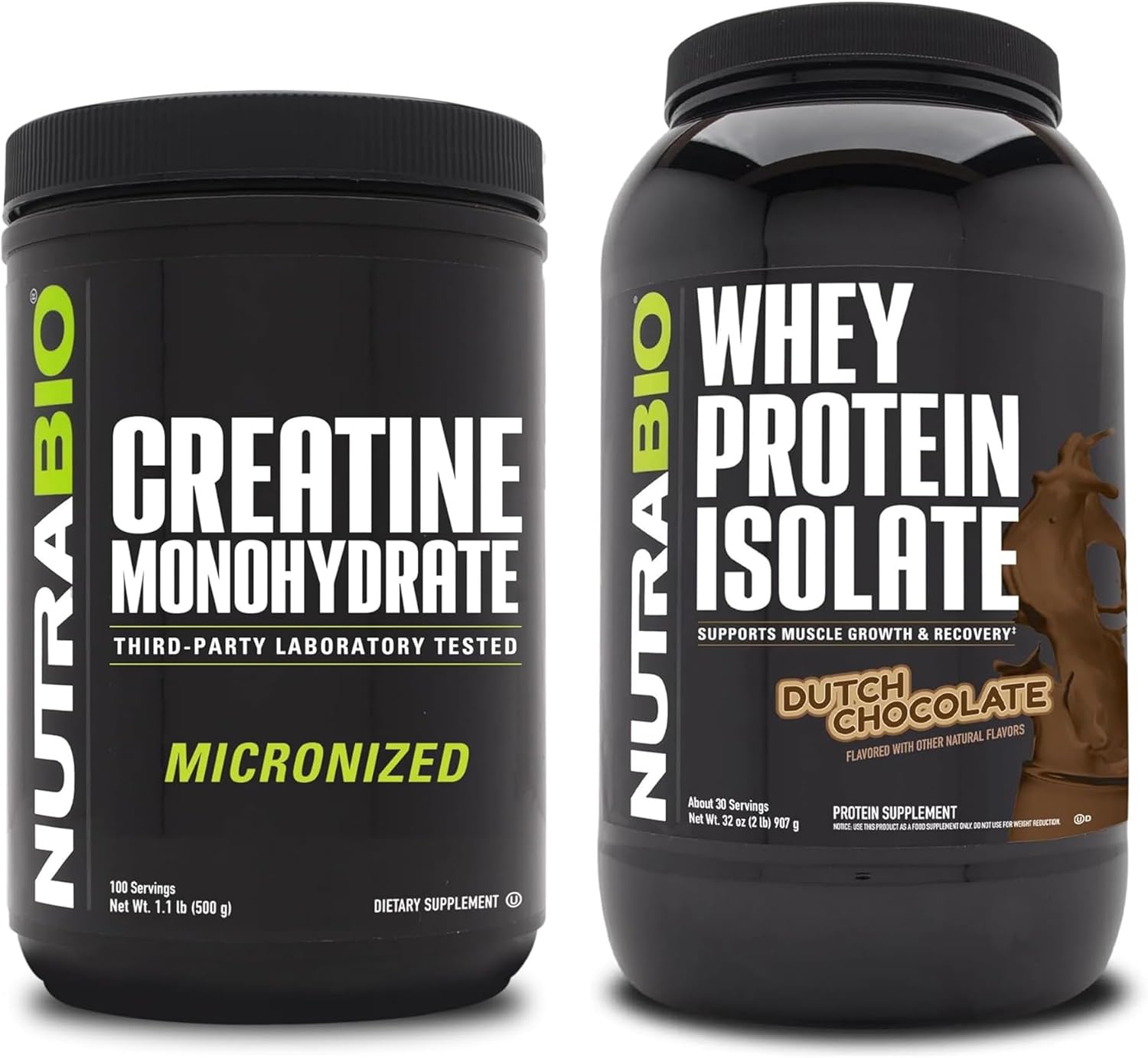 500g NutraBio Creatine Monohydrate & Whey Protein Isolate Bundle for Muscle Growth, Recovery, and Strength - Unflavored Creatine, Dutch Chocolate Protein